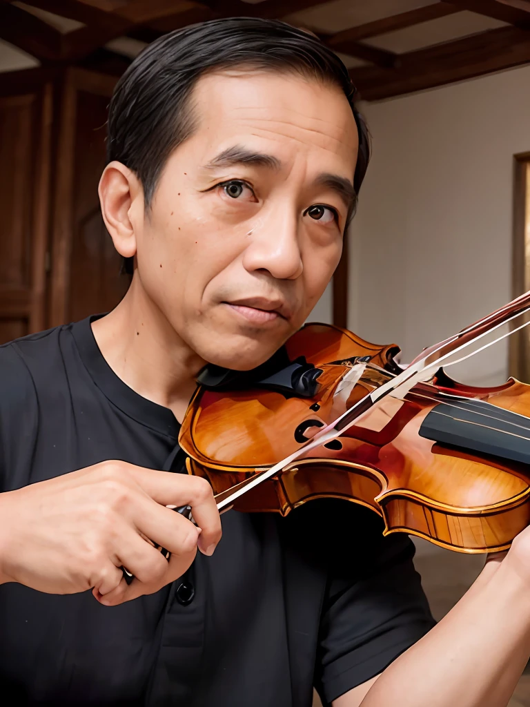 4k, Best quality, masterpiece, ultra high res, beautiful lighting, (realistic, photo-realistic:1.4), realistic background,  jokowi, 1man, 50 years old, playing violin, Long shot, wide shot, full shot (shows full subject + surroundings). The musician's fingers dance along the strings, caressing them with a tender touch. Each movement is deliberate and precise, as if engaged in an intimate conversation with the instrument. The hand glides effortlessly across the fingerboard, effortlessly navigating the intricate tapestry of notes.