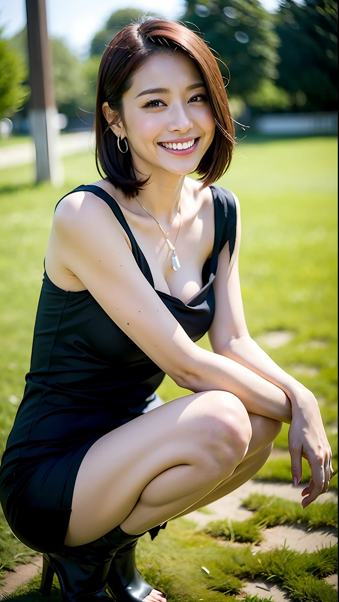 (Best Quality, 8k, 32k, Masterpiece, UHD: 1.2), Cute Japan Woman Pictures, Black Short Hair, Beautiful Face, (Slouch: 1.3), Squatting, (From Top: 1.2), (Close-Up: 1.4), POV, Tight Sleeveless Dress, Short Length Dress, Big Breasts, (Beautiful Nipple Slip: 0.9), Outdoors, Wind, Glossy Skin, Blurry Background, Necklace, Earrings, fine legs, beautiful knees, smiling smile, attractive thighs, thighs without sagging, knees without wrinkles