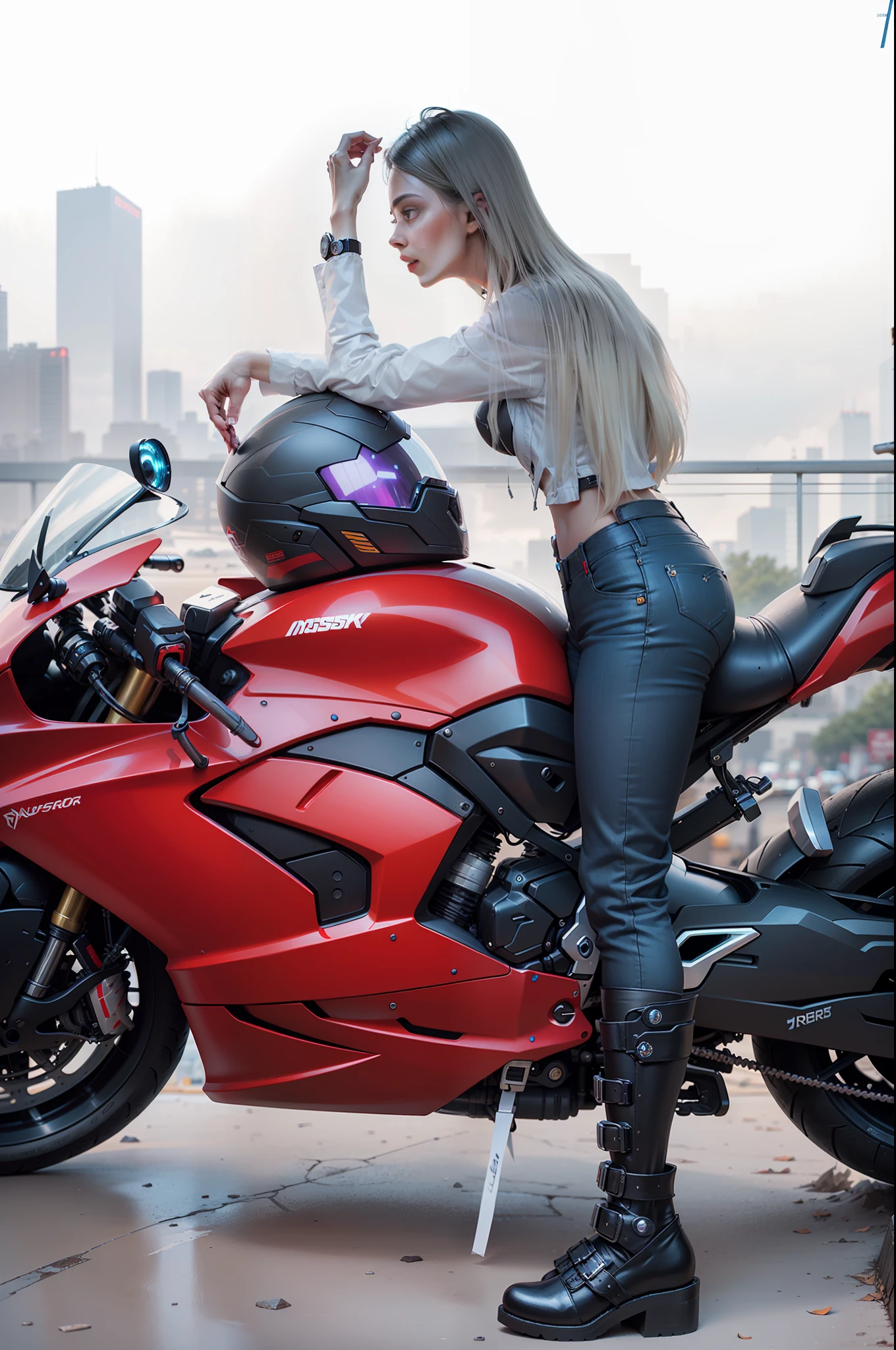 sexy cyber-female warrior and cybermechanical motorcycle, cyberpunk tech pants shoes, Nousr, biomechanics, mshn robot woman, high-tech helmet, surreal, steel, intricate design, crazy details, fine details, extremely clear lines, cinematic lighting, photo realistic, detailed masterpiece