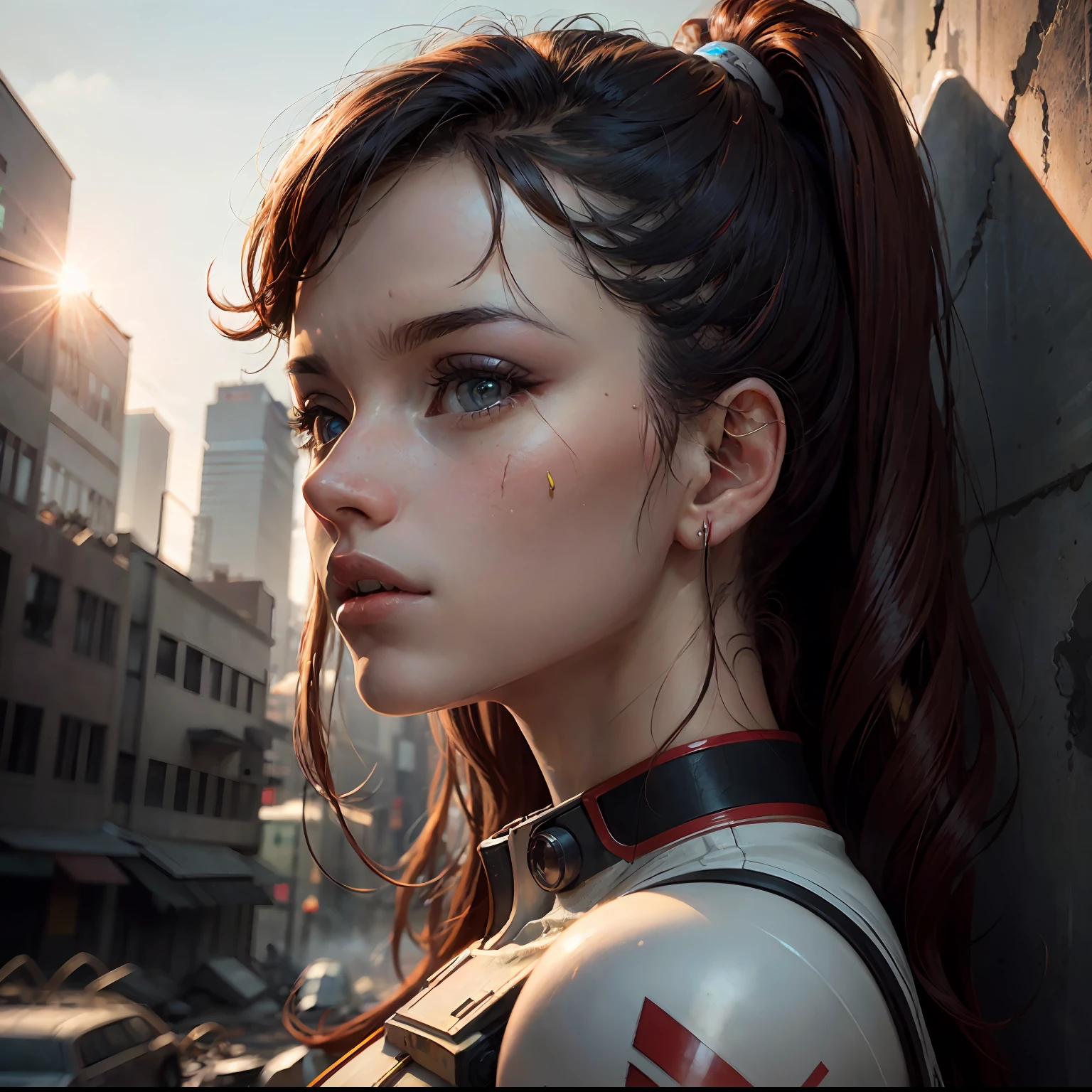 RAW, Masterpiece, Super Fine Photo,, Best Quality, Ultra High Resolution, Photorealistic Photorealism, Sunlight, Full Body Portrait, Amazing Beauty,, Dynamic Pose, Delicate Face, Vibrant Eyes, (From the side), She Wears Futuristic Gundam Mech, Red and Gold Color Scheme, Very Detailed Abandoned Warehouse Background, Detailed Face, Detailed Complex Busy Background, Messy, Gorgeous, Milky White, Highly Detailed Skin, Realistic Skin Details, Visible Pores, Sharp Focus, Volume Fog, 8K UHD, DSLR camera, high quality, film grain, fair skin, photorealism, lomography, huge metropolis in a future dystopia, seen from below, translucent --auto