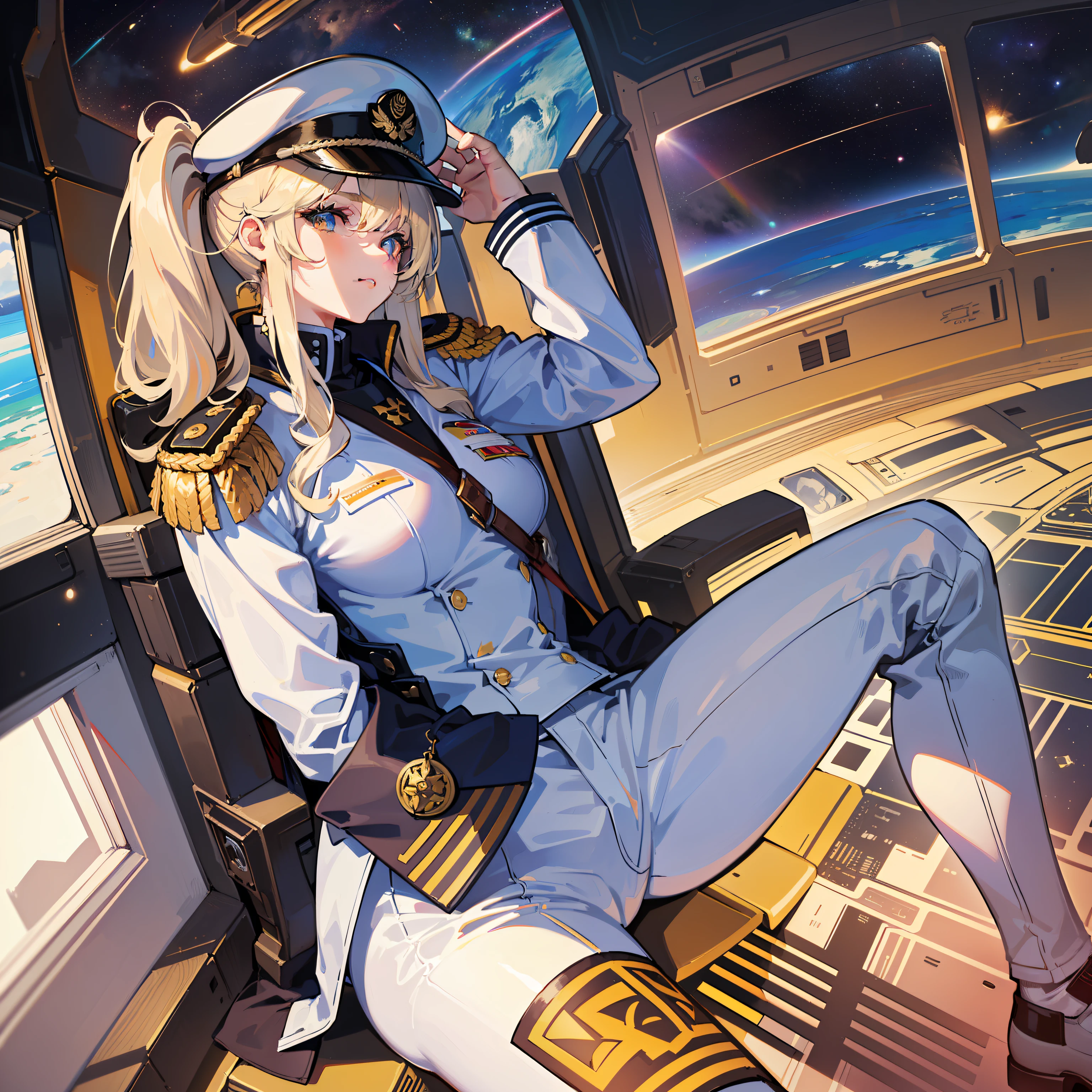 ((Masterpiece)), ((Highest Image Quality)), (((Best Quality)), (Illustration of One Girl), Full Body, 25 Years Old, (Neutral)), ((Blonde Twin Tails)), Light Golden Eyes, (Tall)), (Muscular Strong Body)), ((Muscular and Thick Body)), ((Muscular and Thick Arms)), ((Muscular and Thick Legs)), (Manspreading)), Open Legs, (((Army Uniform)), (Army Hat)), (((Army Coat)), (white clothes), (white pants), (white hat), trench coat, ((inside the spaceship, sitting in the captain's seat)), (outside the window, space, Earth seen from space, spaceport)