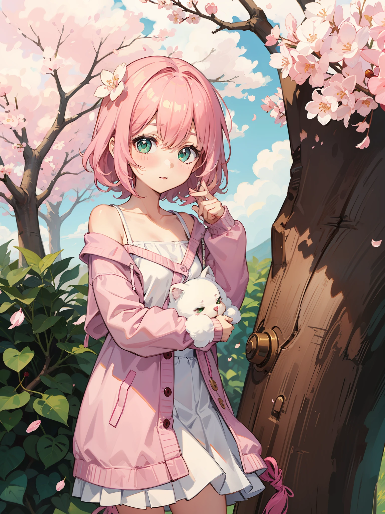 Two-dimensional pink head girl, bright green eyes, bright pink hoodie, introverted and cute, hair blocking the slightly curly hair of the left eye, hair that grows to the shoulders, with a white shirt, fluffy pink strap pleated skirt, cherry blossom tree background