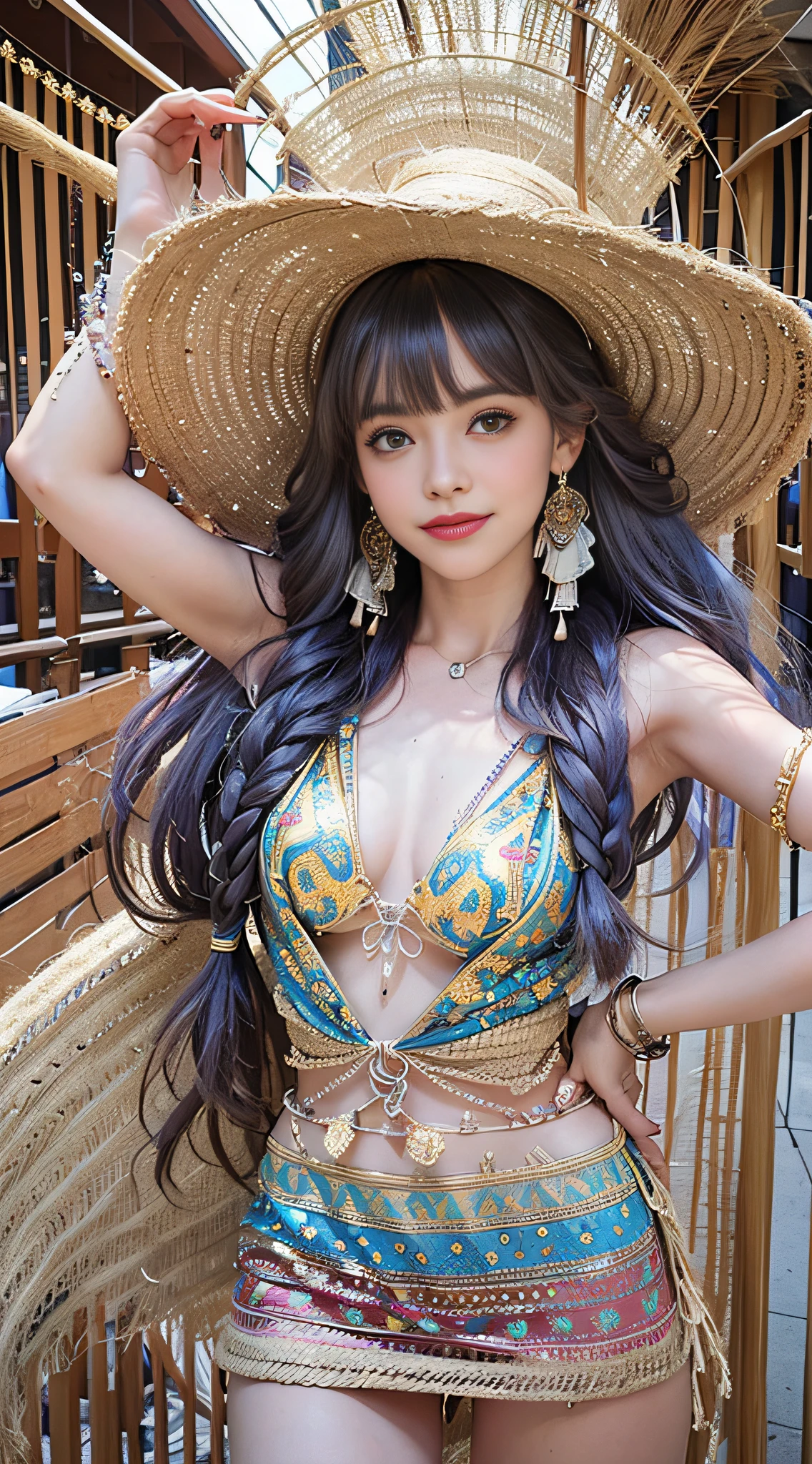Masterpiece, Best Quality, 1 Girl, long_hair, Light Smile, Blunt Bangs, Looking at the Audience, Selfie, Cowboy Shot, (shot_hair:2), (Boho_printed_dress:1.5), (Straw_wedge_sandals:1.4), (Beaded_bracelets:1.3), (Reality:1.5), Cinematography,