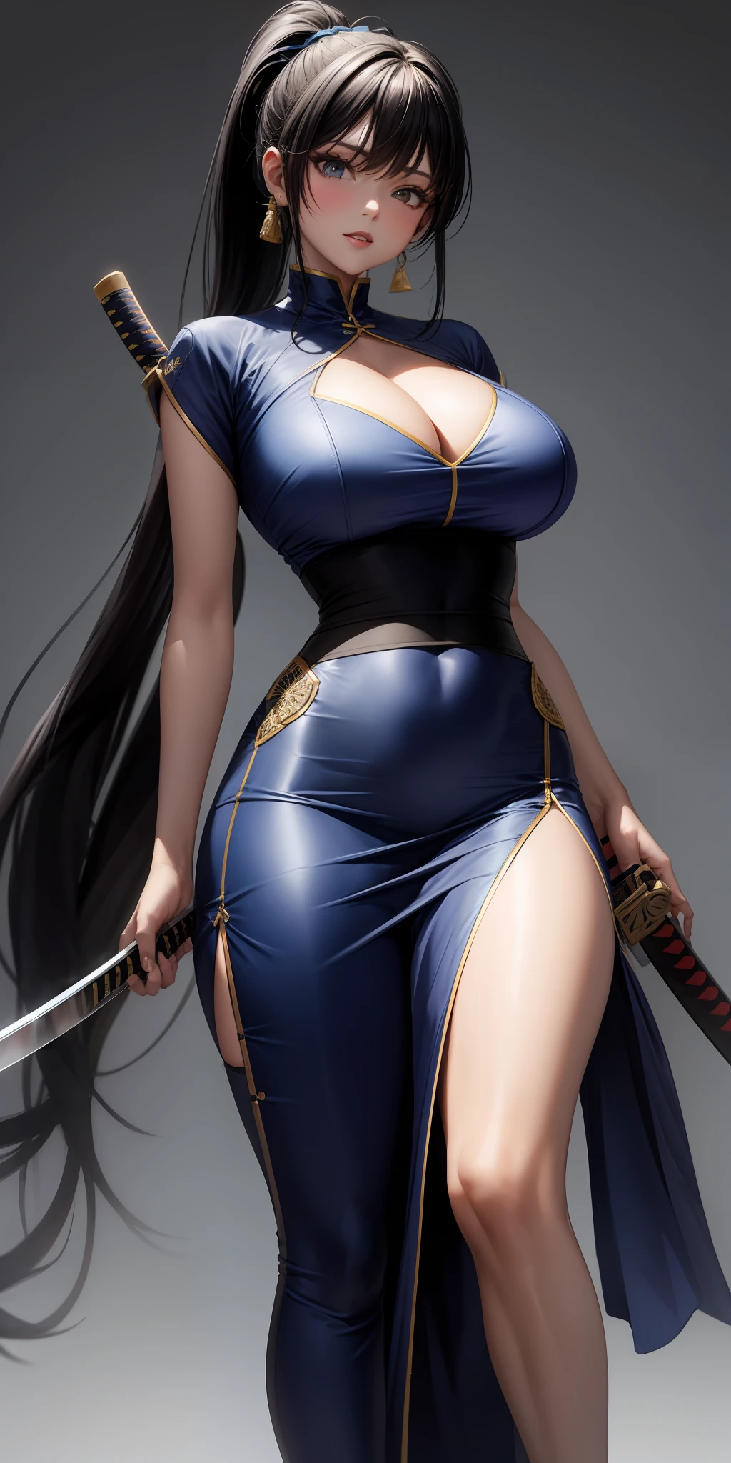 Waist-length black hair, ponytail, dale, waist-length slit, perfect big, huge, taut bust, katana, blue clothes