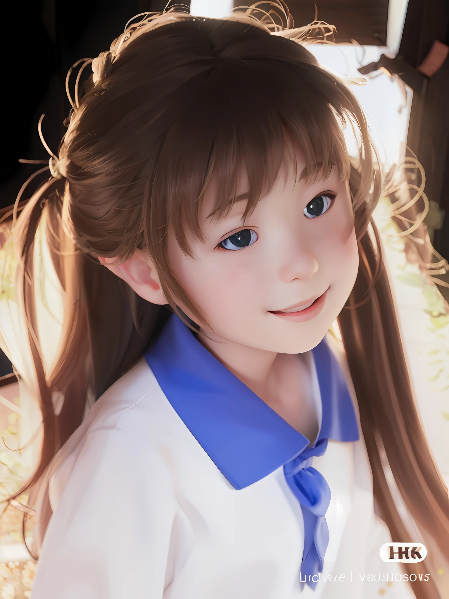 A little girl in a sailor suit with a sweet smile and soft sunlight shining on her face outside the window, she is looking at the little flowers by the window, the illustration is HD illustration in 4K resolution with very detailed facial features and cartoon-style visuals.