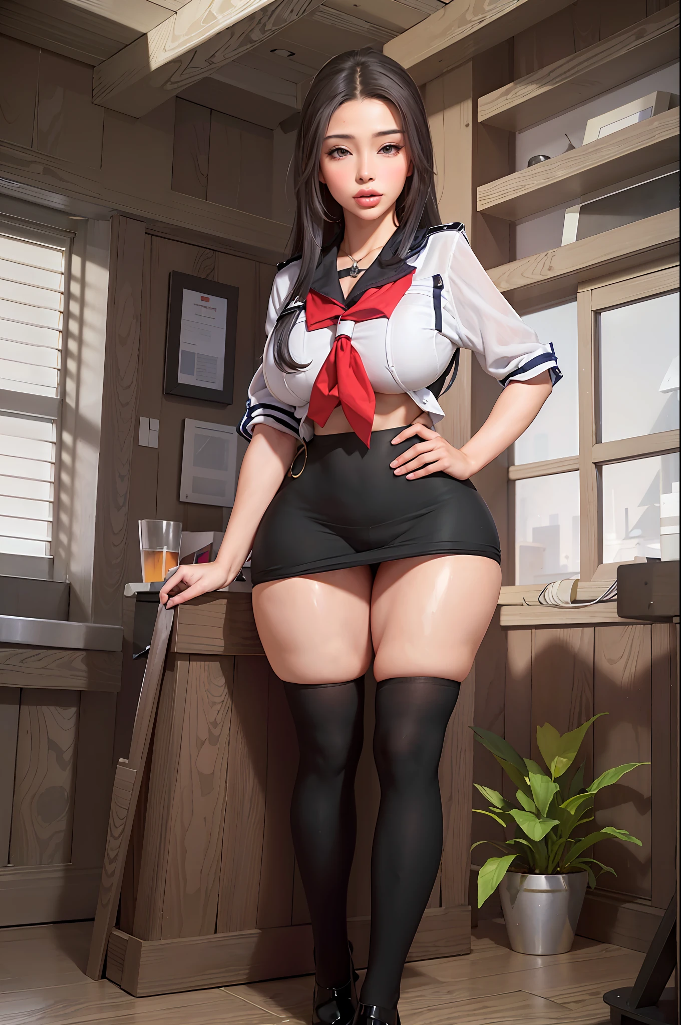 Photorealistic Half Mexican half Asian super thick young slutty girl wearing black Japanese police uniform realistic police girl, busty with cleavage and camel toe, police station, posing on a wall, thicc, curvy taken with canon 5d mk4, view from behind, backview, very low angle, large breasts, perfect ass, baby oil on skin, shiny skin, high resolution perfect body perfect face perfect hands perfect fingers perfect breasts perfect shape thick thighs beautiful Photorealistic hyperrealism ray tracing volumetric lighting vaporwave aesthetic perfect composition bimbo lips, super big breast implants isometric view,