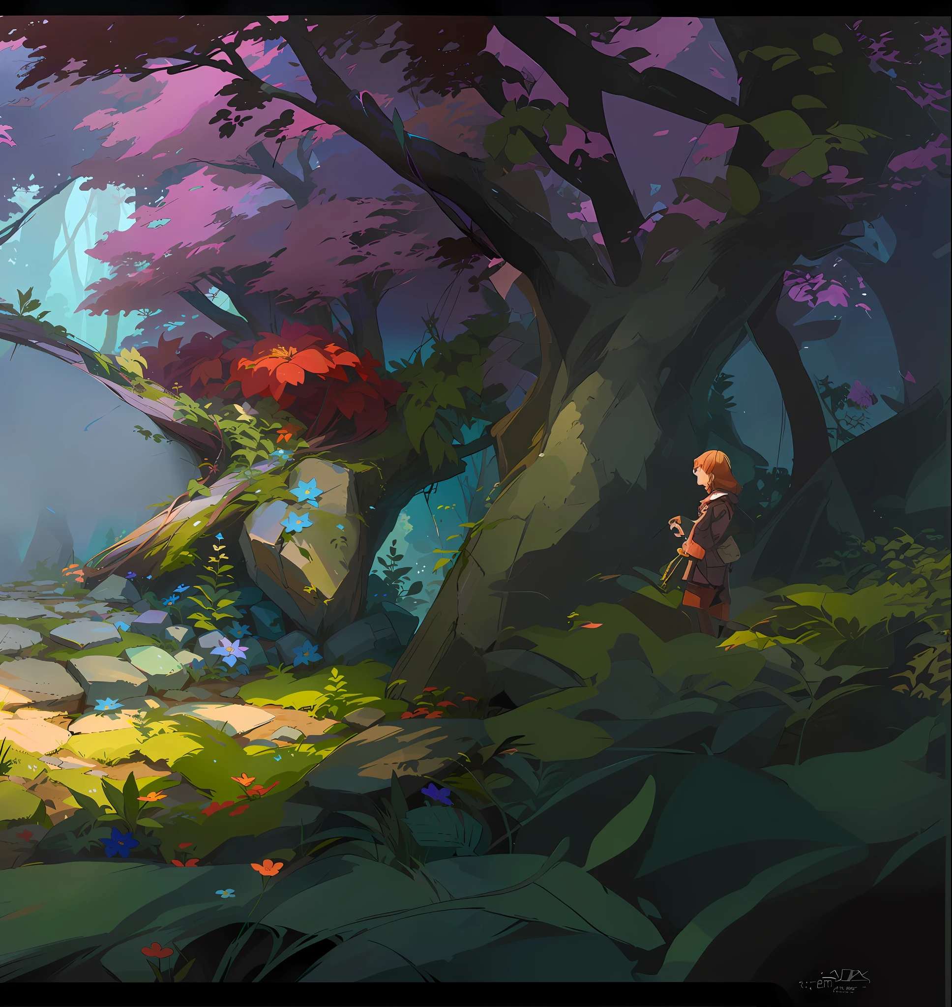 Forest and meadow, with vine man and other plants interspersed among them, colorful concept art, by Ryan Yee, digital painting concept art, environmental art, floral environment, background art, by Jason Chan, Ross Tran. Landscape background, stylized concept art, drawn as game concept art, Alexander Jean, David Parker, environmental design illustration