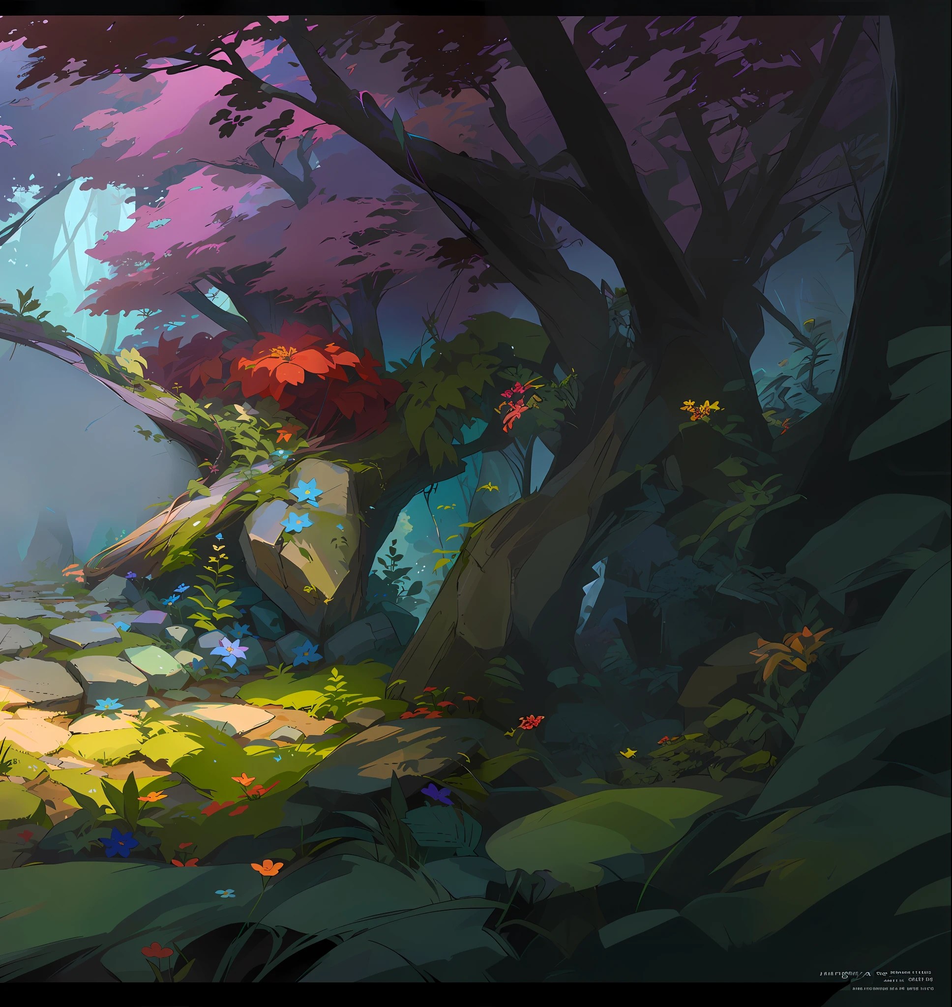 Forest and meadow, with vine man and other plants interspersed among them, colorful concept art, by Ryan Yee, digital painting concept art, environmental art, floral environment, background art, by Jason Chan, Ross Tran. Landscape background, stylized concept art, drawn as game concept art, Alexander Jean, David Parker, environmental design illustration