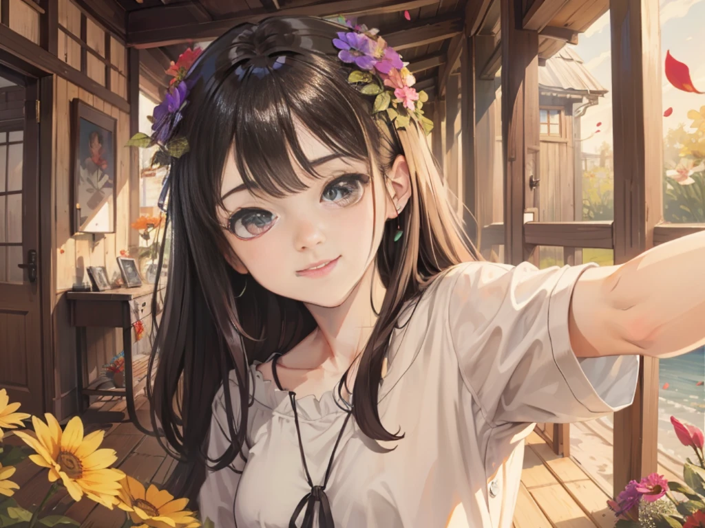 Girl Holding Flowers Interior Wooden House Warm Sunshine Medieval Style Selfie Angle Early Morning Smile Huya Wildflowers Fill Room 2K Flower Sea HUD Petals Face Details Clear Eyes