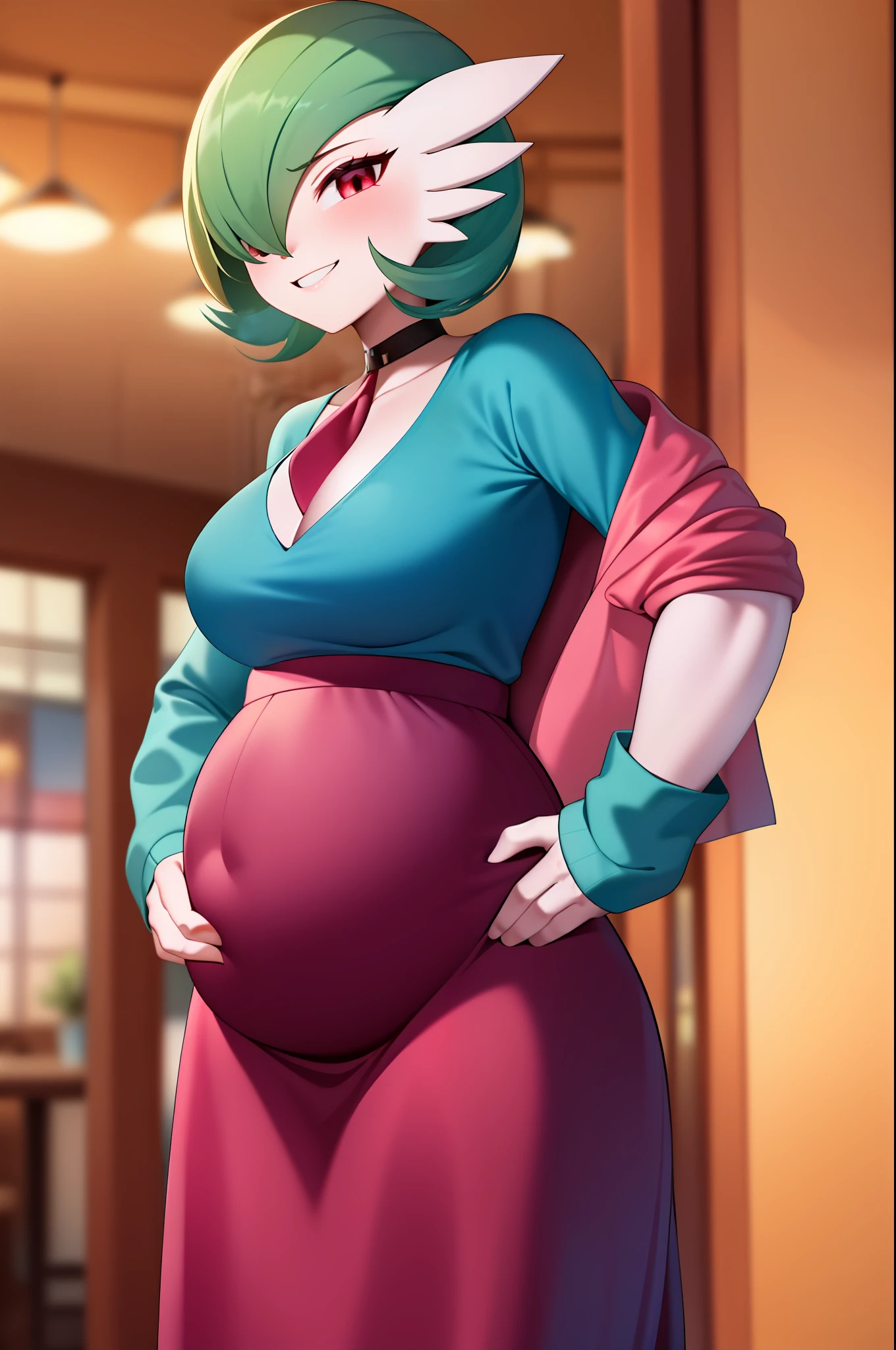 masterpiece, best_quality, 1girl, solo, gardevoir, pokemon\(creature\), green hair, red eyes, blue sports jacket, black blouse, wide neckline blouse, smile, hands on hips, long skirt, red skirt, pregnant, medium breasts, female breasts, at the door of a restaurant. Night, it's night, night stage.