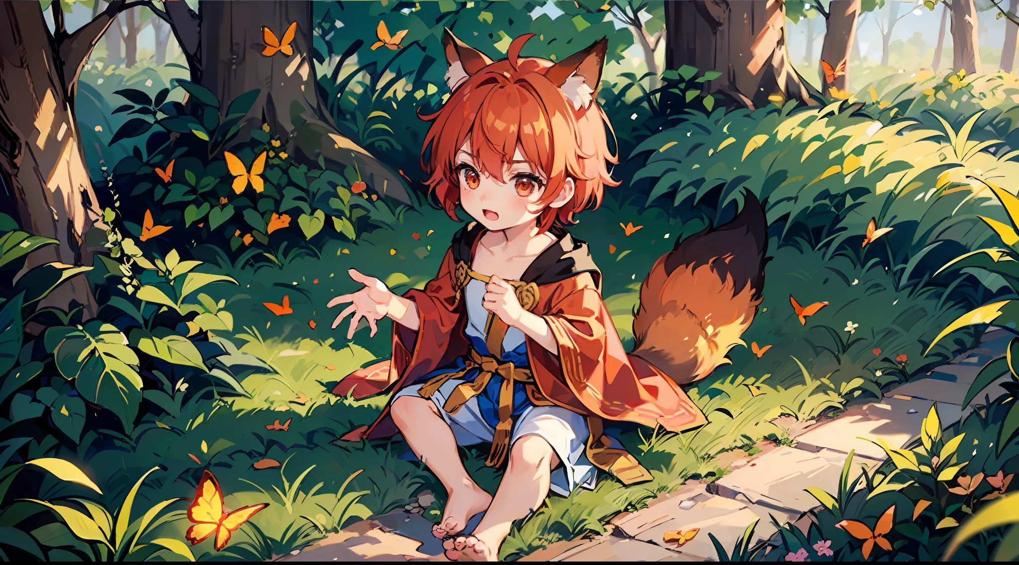 (Little boy with short red hair with golden eyes), (dressed in a golden and red fairy robe), (red fox ear tail), (handsome), (barefoot), (maple forest), (chasing butterflies)