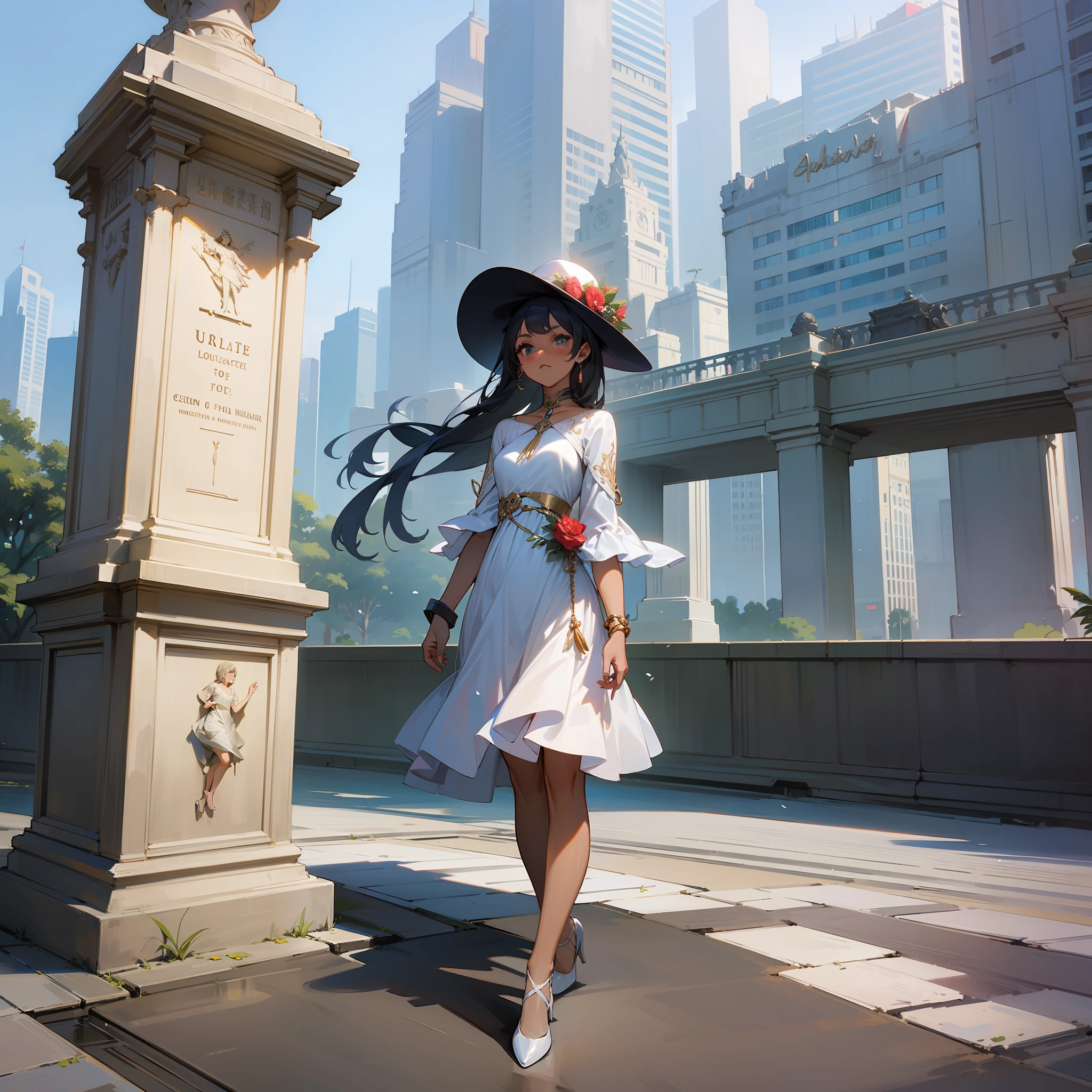 (masterpiece), (best quality), (ultra-detailed), photo of a girl wears a beautiful dress next to a monument in singapore hat, dark skin, dress, multiple girls,8k