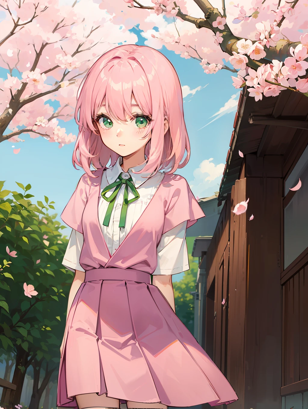 Two-dimensional pink head girl, bright green eyes, bright pink hoodie, introverted and cute, hair blocking the right eye of short and medium curls, with white shirt, fluffy pink strap pleated skirt, cherry blossom tree background