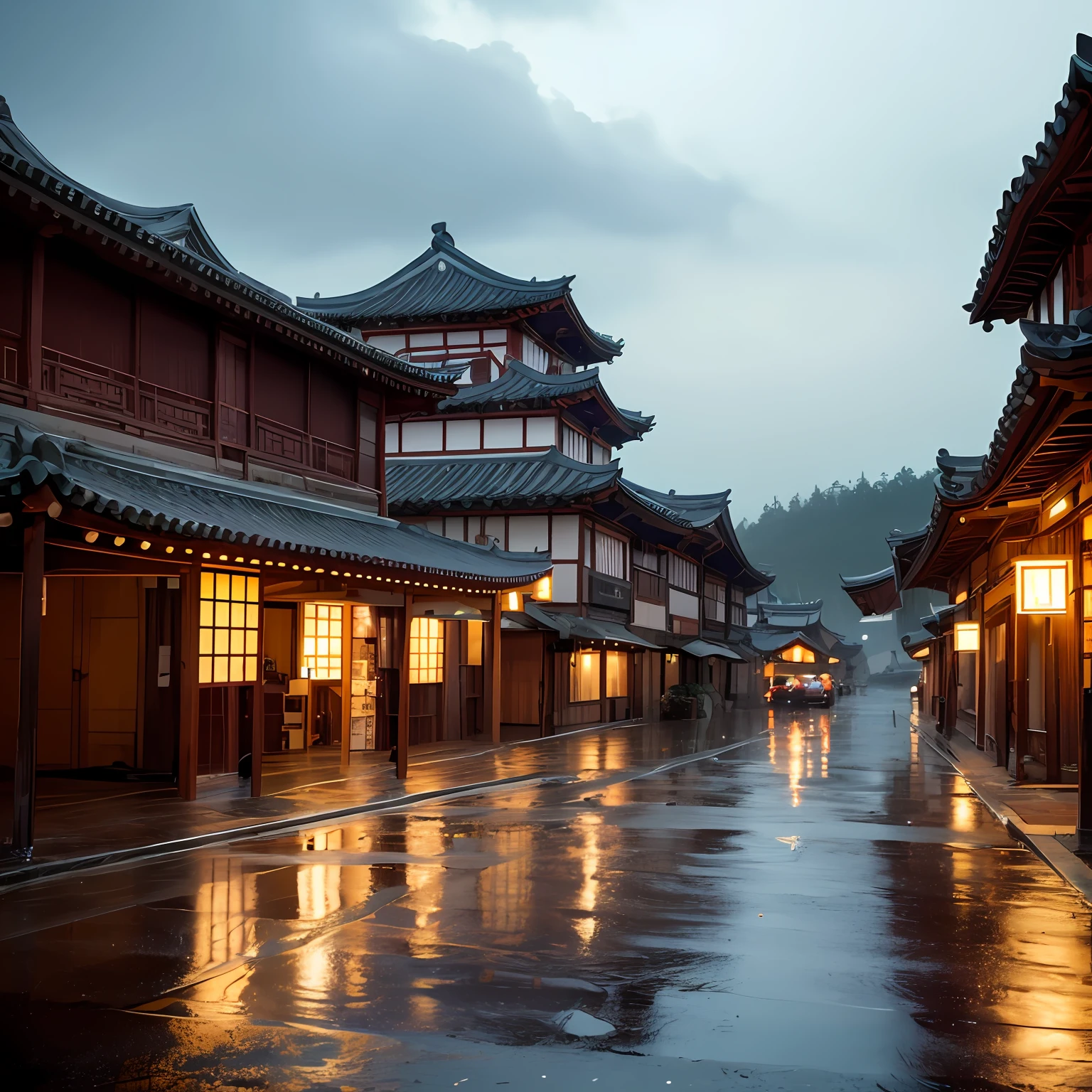arafed view of a village with a lot of lights on the buildings, dreamy chinese town, chinese village, amazing wallpaper, japanese town, japanese village, hyper realistic photo of a town, old asian village, japanese city, by Raymond Han, rainy evening, cyberpunk chinese ancient castle, beautifully lit buildings, at evening during rain, beautiful and aesthetic, photography, cinematic, 8k, high detailed ((Heavy rain))) --auto