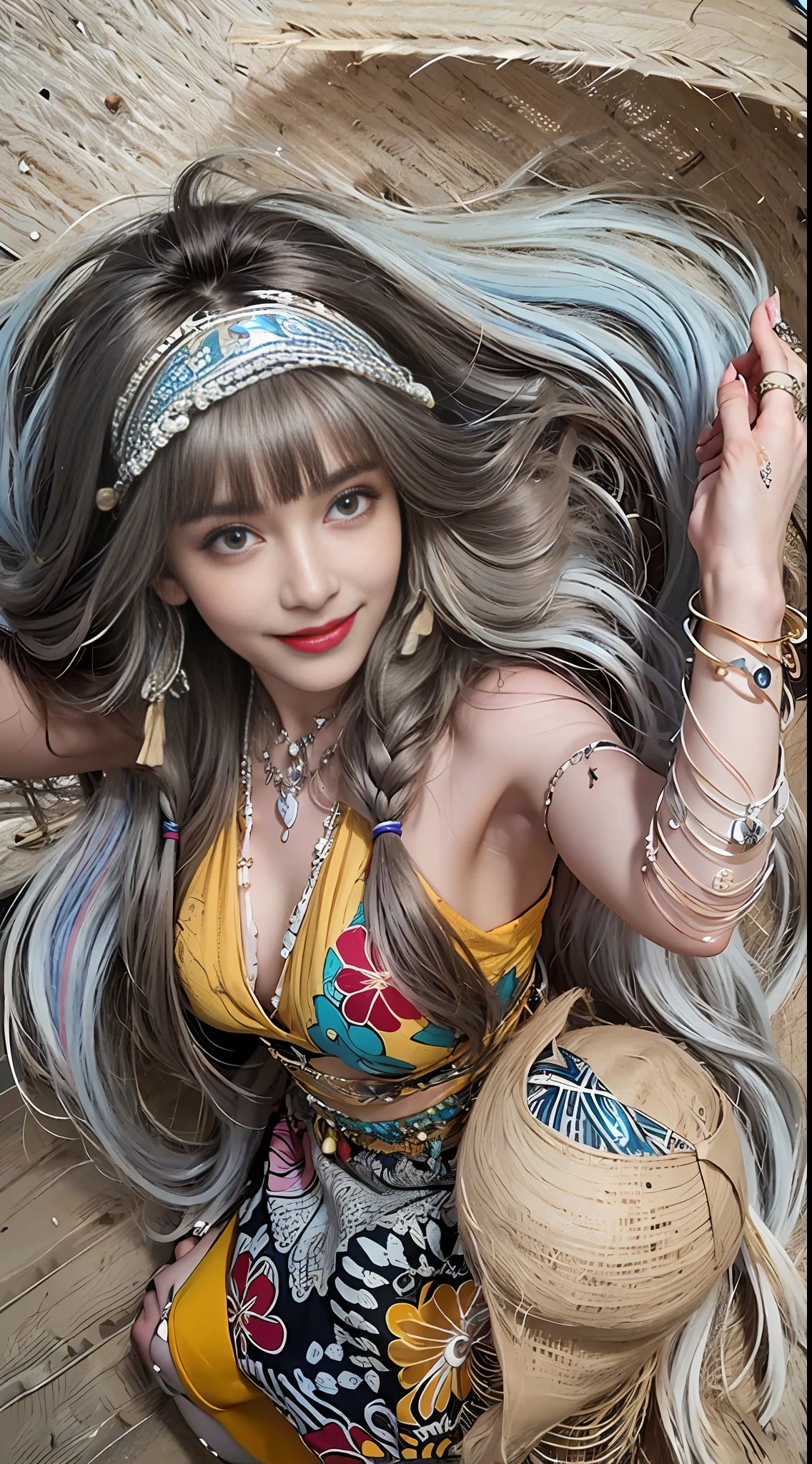 Masterpiece, Best Quality, 1 Girl, long_hair, Light Smile, Blunt Bangs, Looking at the Audience, Selfie, Cowboy Shot, (shot_hair:2), (Boho_printed_dress:1.5), (Straw_wedge_sandals:1.4), (Beaded_bracelets:1.3), (Reality:1.5), Cinematography,