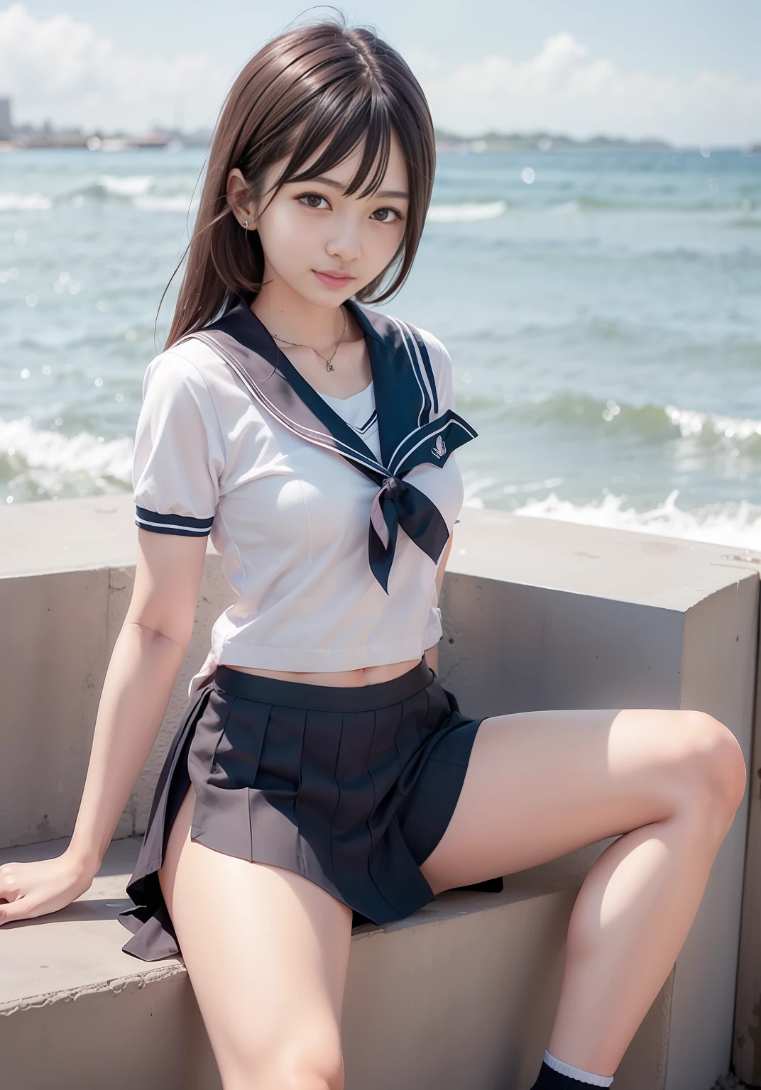 woman in sailor outfit sitting on ledge near the ocean, realistic young gravure idol, young pretty gravure idol, young gravure idol, wearing japanese school uniform, young sensual gravure idol, japanese girl school uniform, young skinny gravure idol, japanese school uniform, kantai collection style, sailor uniform, of a youthful japanese girl, anime girl in real life --auto