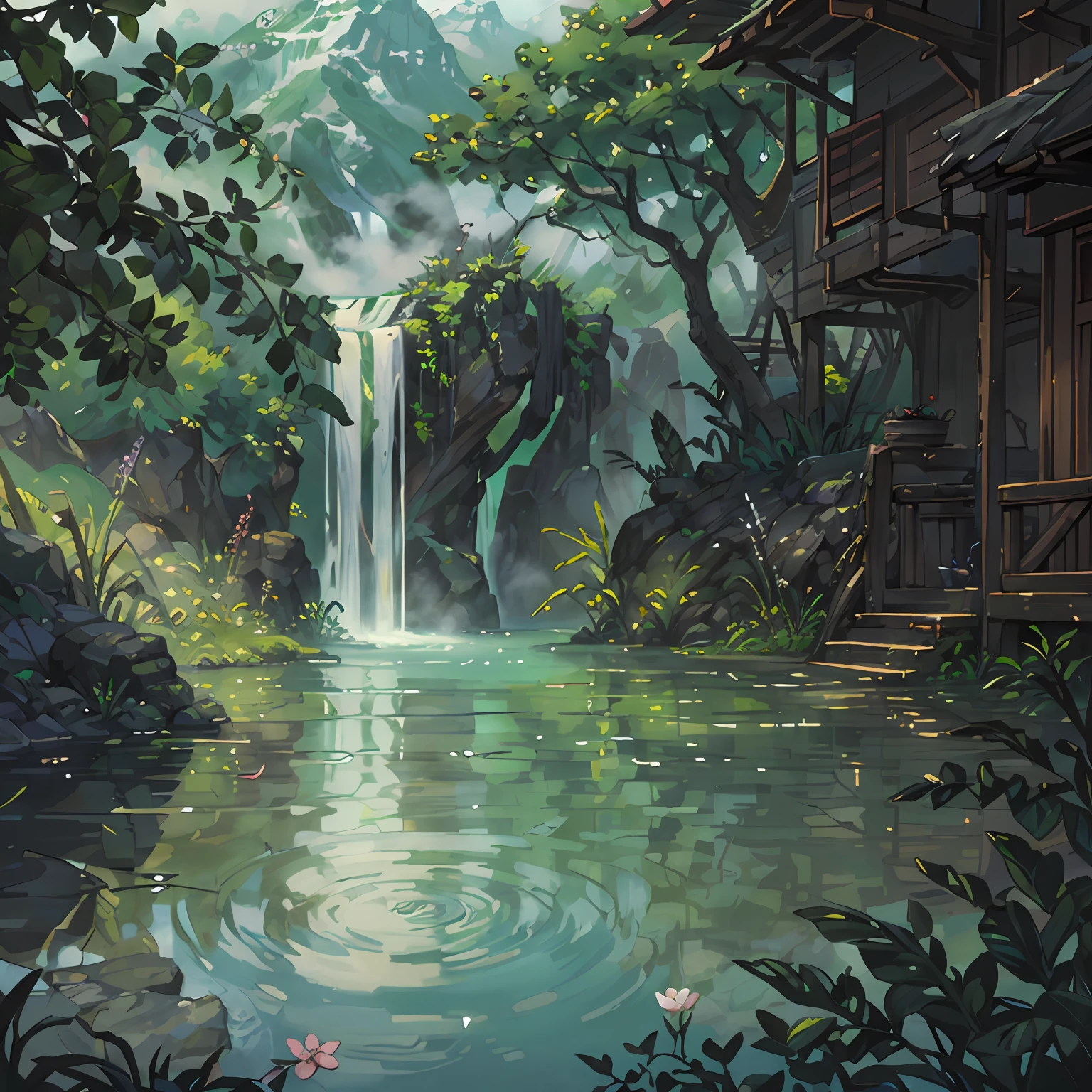 ancient China, spring, jungle, lake, cave, waterfall, tree, meadow, rock, hot spring, steam, (illustration: 1.0), magnificent composition, realistic lighting, HD detail, masterpiece, best quality, (highly detailed cg unified 8k wallpaper) --auto