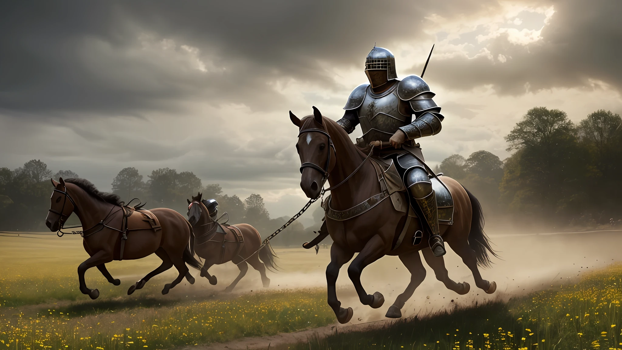 photorealistic, masterpiece, cinematic composition, general photography of one (carrying several medieval knights wearing a gray metallic chain under a plate armor, screaming fiercely, mounted on a proud and imposing warhorse galloping at full speed through a meadow:1.3), (kicking a large dust and scattering clods of earth in its wake:1.3), (realistic and detailed|intricate armor,   realistic and detailed|intricate grey metal chain mail:1.2), (photorealistic musculature, detailed skin, skin texture, natural skin), (high action composition), skin imperfections, natural skin wrinkles, (natural skin blemishes:0.4), highly detailed clothing, abundant detail, intricate details, realistic wrinkles in clothing, fantasy landscape, overcast sky, castle in the distance, radiant lighting, deep shadows,  dramatic scene, dark color palette, detailed landscape, volumetric lighting, (detailed lighting), detailed light reflections on armor, 8k, highly detailed, UHD, HDR