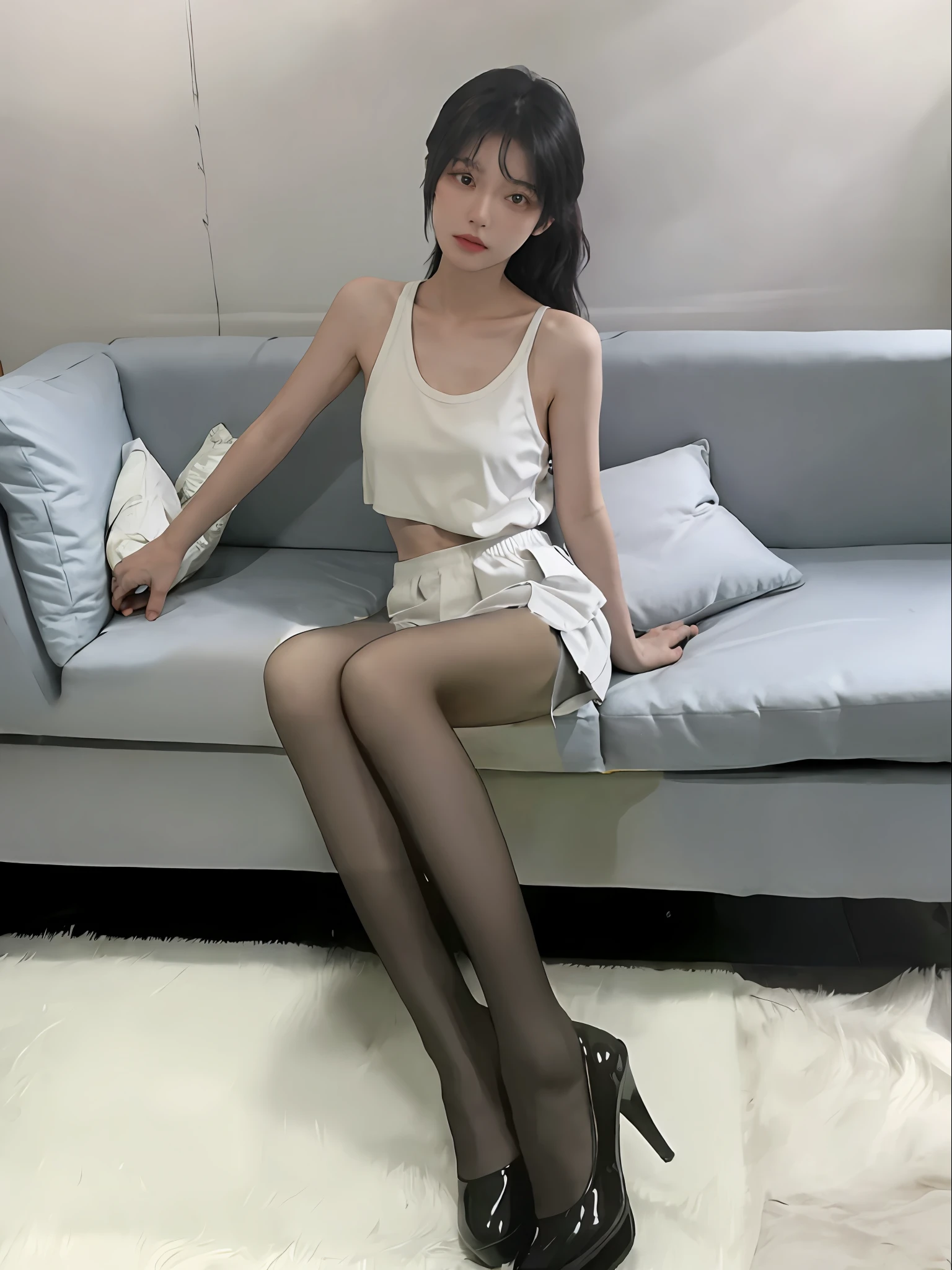 Girls, sportswear, gaze viewer, sofa, bare shoulders, collarbone, realistic, master works,