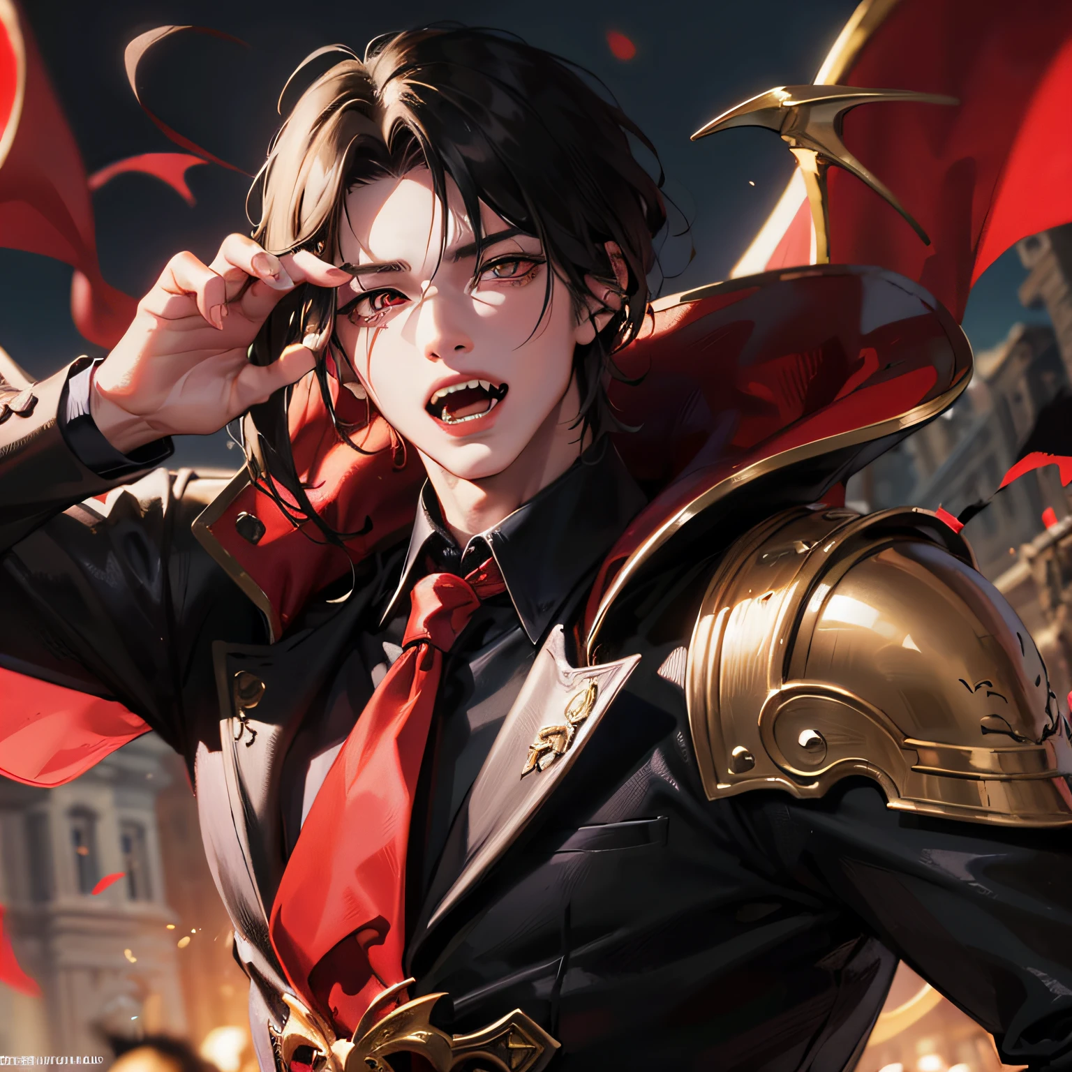 Absurd, high resolution, super detailed), 1 male, adult, handsome, tall muscular man, broad shoulders, black suit, scarlet eyes and delicate face, black hair, fantasy, vampire, fangs, fangs