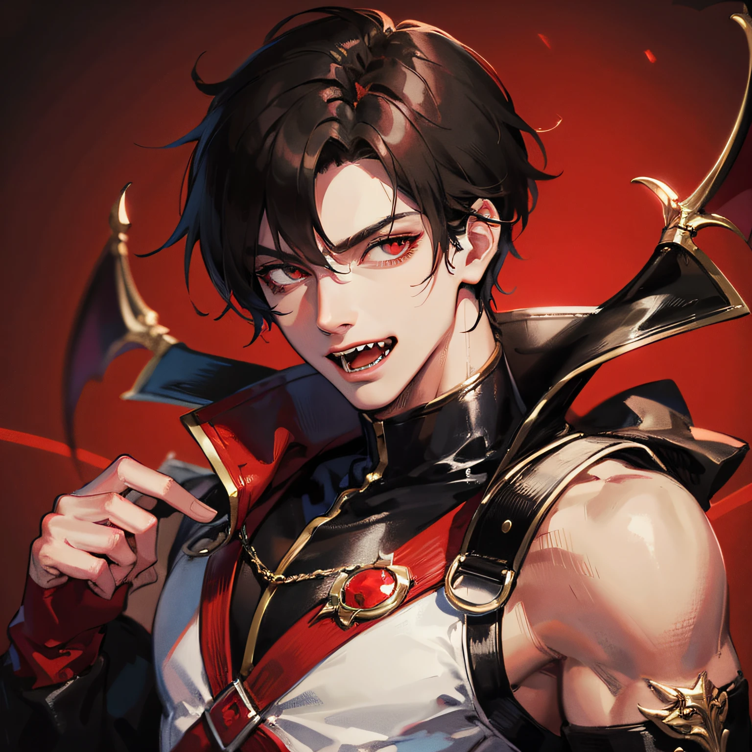 Absurd, high resolution, super detailed), 1 male, adult, handsome, tall muscular man, broad shoulders, black suit, scarlet eyes and delicate face, black hair, fantasy, vampire, fangs, fangs