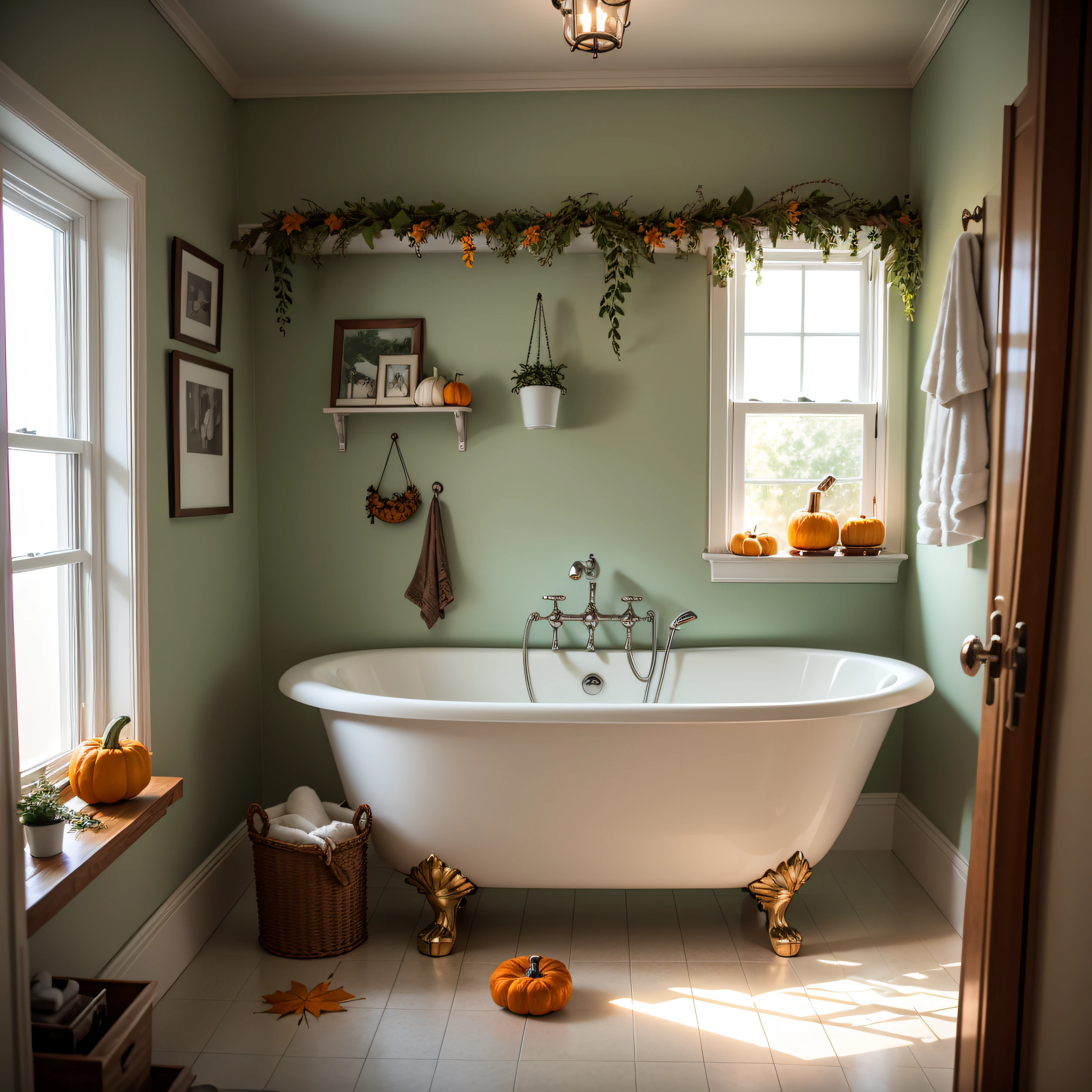 Bathroom with bathtub, Thanksgiving leaf decoration, pumpkin decoration, photographic pictures, vivid details, bright style, ins, Nordic --auto