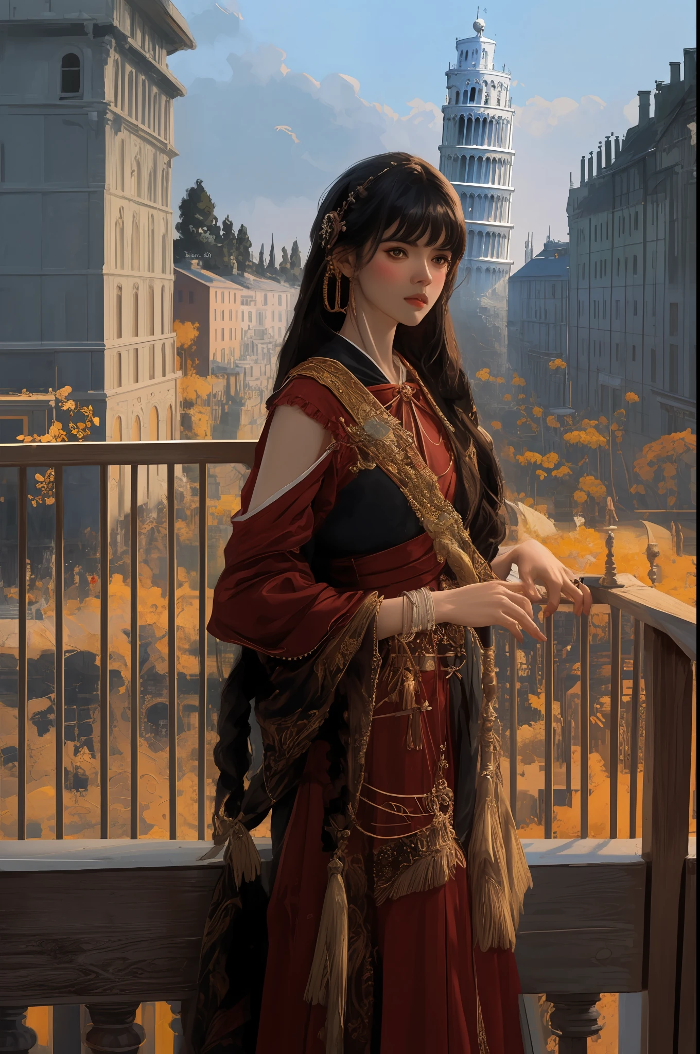 modelshoot style, (extremely detailed CG unity 8k wallpaper),full shot body photo of the most beautiful artwork in the world, stunningly beautiful photo realistic cute women intricately detailed costume, (Leaning Tower Of Pisa background), professional majestic oil painting by Ed Blinkey, Atey Ghailan, Studio Ghibli, by Jeremy Mann, Greg Manchess, Antonio Moro, trending on ArtStation, trending on CGSociety, Intricate, High Detail, Sharp focus, dramatic, photorealistic painting art by midjourney and greg rutkowski