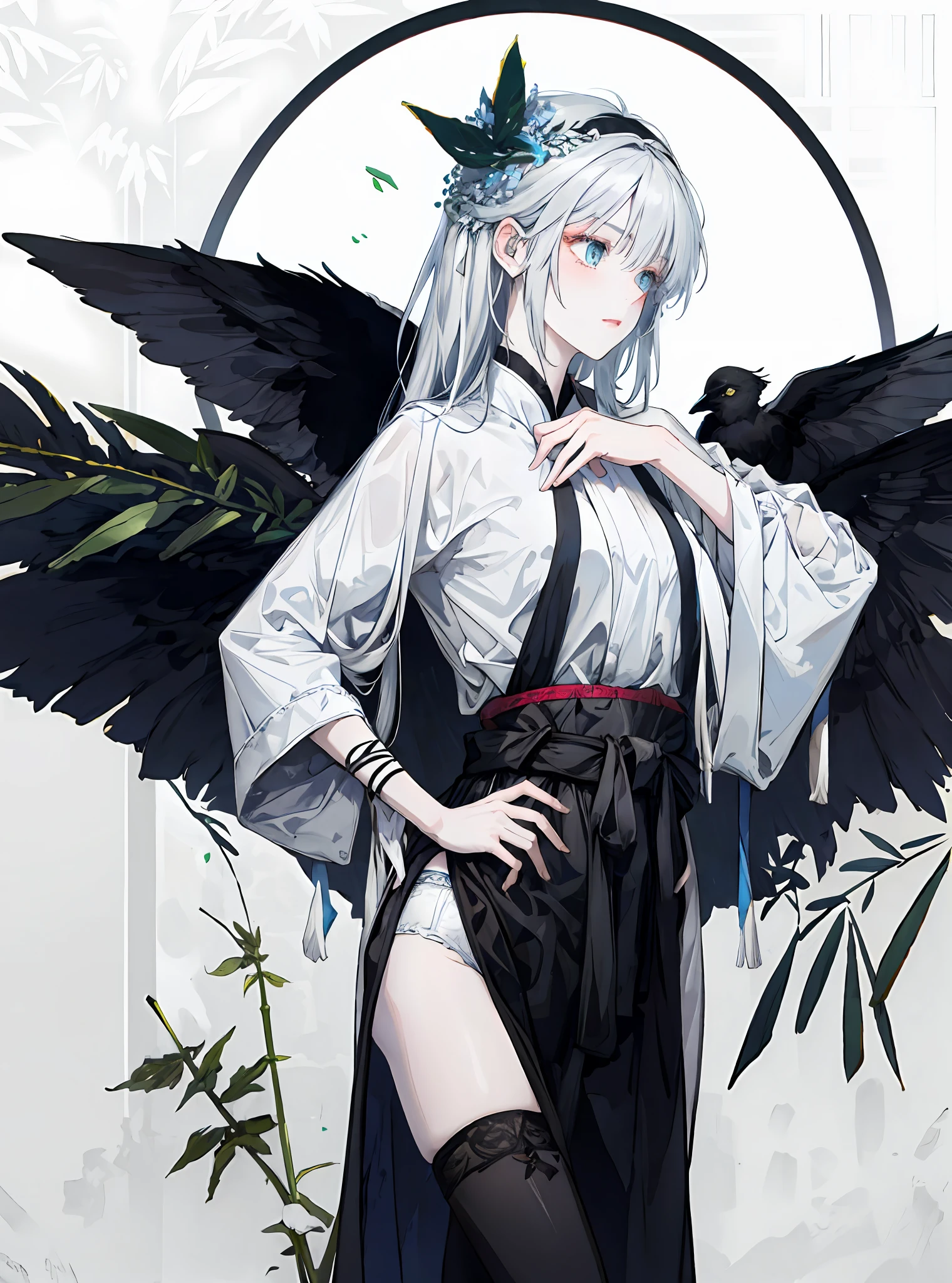 Black coiled hair,
Wearing a black robe, silver auspicious clouds dark pattern white underwear
A bamboo-leaf-patterned headband with a bandage wrapped around the waist