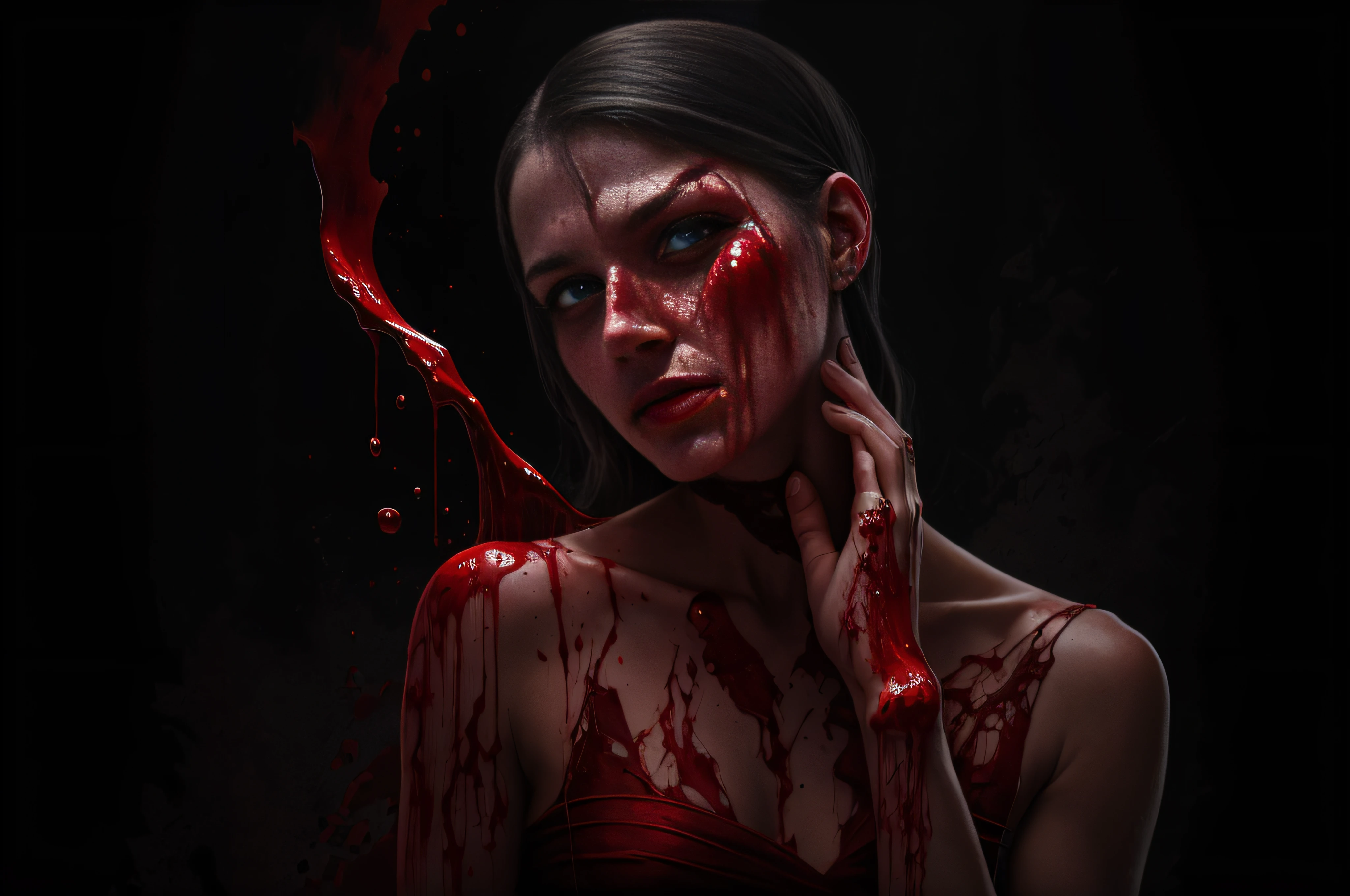 gore, shedding blood, bleeding from eyes, bleeding from nose, upper body portrait, bloody, fantasy, veins, blood drips, menacing scary composition, by Benjamin Robert Haydon , artistical achievement, 16k, ultra high quality,