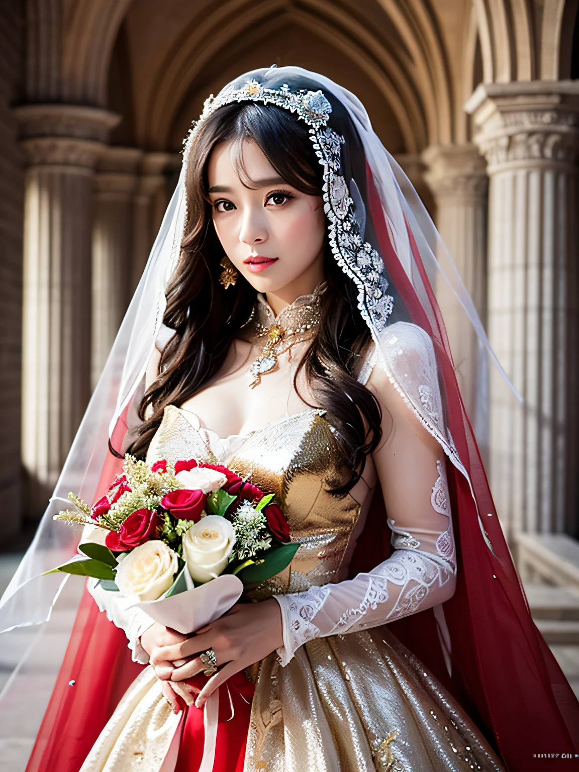 Top Quality, Ultra High Resolution, (Photorealistic: 1.4), Cinema Light, Depth of Field, Beautiful Face, (PureErosFace_V1:0.8), |1 Girl, Fan Bing, Woman in Red Dress and Gold Jewelry, Fan Bing Fashion, Colossal, White Cloak, Intricate Design, Cathedral Background, Extra Long Wavy Brown Hair, RAW, Beautiful Women, (detailed face), (detailed facial features), (fine detailed skin), pale skin, (masterpiece), perfect proportions, realistic photos, (full shot), (full body), (body portrait), ((with bouquet)), ((wearing a veil)), hem of the dress is long and dragging,