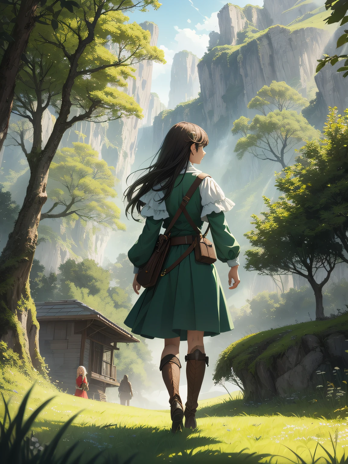A girl stands on a cliff, dressed in a red classical gauze dress, next to a withered old tree --auto
