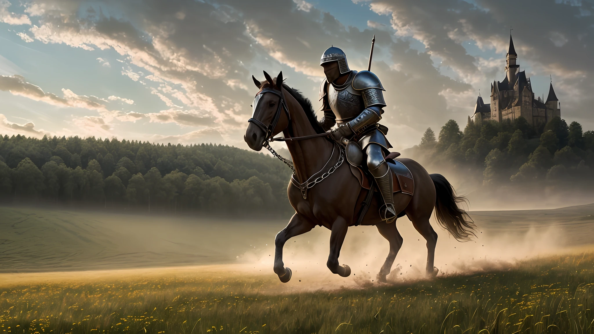 photorealistic, masterpiece, cinematic composition, general photography of one (carrying several medieval knights wearing a gray metallic chain under a plate armor, screaming fiercely, mounted on a proud and imposing warhorse galloping at full speed through a meadow:1.3), (kicking a large dust and scattering clods of earth in its wake:1.3), (realistic and detailed|intricate armor, realistic and detailed|intricate grey metal chain mail:1.2), (photorealistic musculature, detailed skin, skin texture, natural skin), (high action composition), skin imperfections, natural skin wrinkles, (natural skin blemishes:0.4), highly detailed clothing, abundant detail, intricate details, realistic wrinkles in clothing, fantasy landscape, overcast sky, castle in the distance, radiant lighting, deep shadows, dramatic scene, dark color palette, detailed landscape, volumetric lighting, (detailed lighting), detailed light reflections on armor, 8k, highly detailed, UHD, HDR