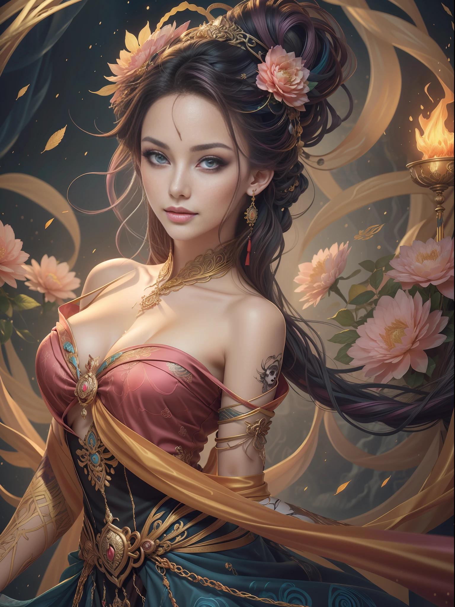 Smooth and dynamic girl, wearing loose flowing pink dress, mystical look, curly black-pink hair, [Aishwaryarai], bold and colorful abstract art in modern and abstract environment, blurred background, bright light, official art, Unity 8k wallpaper, (Zentangle, mandala, tangled, tangled), complex clothes, strokes (full body, From all directions, masterpieces, highest quality, highest quality, official art, Beauty and aesthetics: 1.2), Very detailed, (Fractal Art: 1.1), (Color: 1.1) (Flowers: 1.3), Best Detail, (Zentangle: 1.2), (Dynamic Pose), (Abstract background: 1.3), (Glossy skin), (Multiple colors: 1.4), (Feathers: 1.5), Dynamic angle, The most beautiful chaotic shapes, elegant, Fauvist design, bright colors, romanticism, dark style beautiful princess of the underworld creepy bad smile complex tattoo anime 3d art style 3d dark night deep black sky horror ((cold complex skull accessories)) (gubes style artwork) (black chinese style underground palace with huge complex structure in the backgroundLeica lens depth of field (masterpiece, highest quality, highest quality, official art, beauty and aesthetics: 1.2), (1 girl: 1.3), (fractal art: 1.3) (masterpiece, highest quality, highest quality, official art, beauty and aesthetics: 1.2), (1girl), extreme detail, colorful, best detail, official art, unified 8k wallpaper, ultra detailed, beautifully aesthetic, beautiful, masterpiece, highest quality, ( Zentangle, Mandala, Tangled, Intertwined), Sacred Light, Gold Leaf, Gold Leaf Art, Glitter Painting, Masterpiece of PerfectNwsj MajMajic M Desfi, Best Quality, Hair Becomes Fire, Hair is Burning, Fantasy, (Ray: 1.05), Orange Light Particles, Landscape, Fire, Beautiful Detailed Explosion, Beautiful Detailed Glow, Flame Burns, Flame Burns, Fire Feather, Burning, Ash, (Red Sun: 1.05), (Characters Around the Flame: 1.1), Solo, Crazy Smile, (Detail: 1.05), High Resolution Illustration, Shining Skin, Colorful, (Ultra Fine: 1.1), (Illustration: 1.05), (Detail Light: 1.05), (Beauti