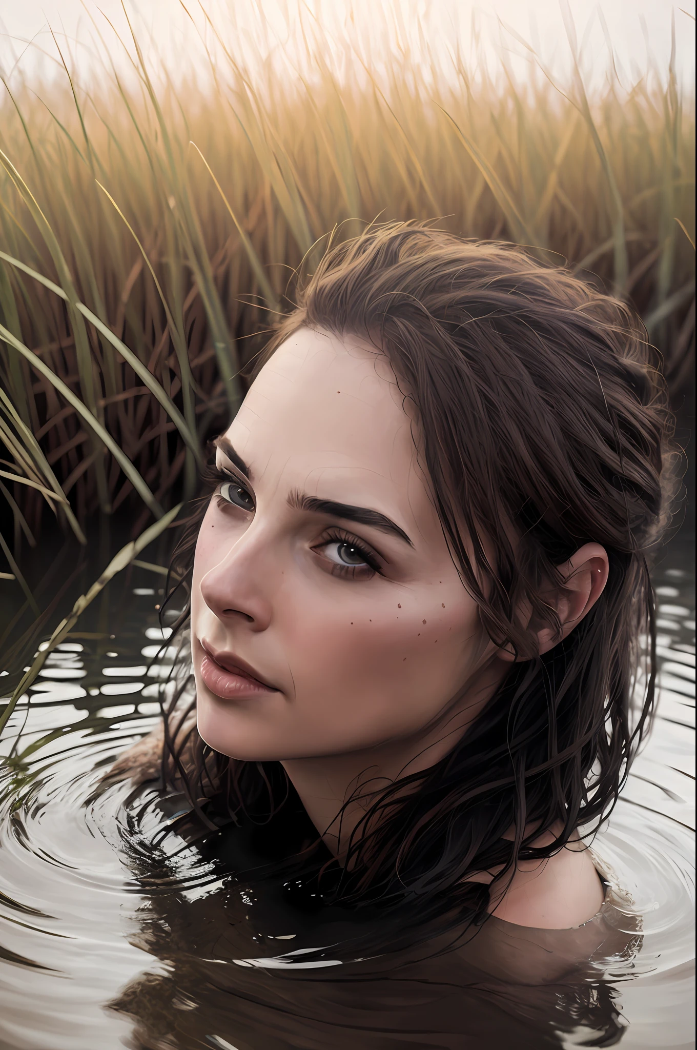 close up portrait of a cute woman (gldot) bathing in a river, reeds, (backlighting), realistic, masterpiece, highest quality, lens flare, shade, bloom, [[chromatic aberration]], by Jeremy Lipking, by Antonio J. Manzanedo, digital painting,