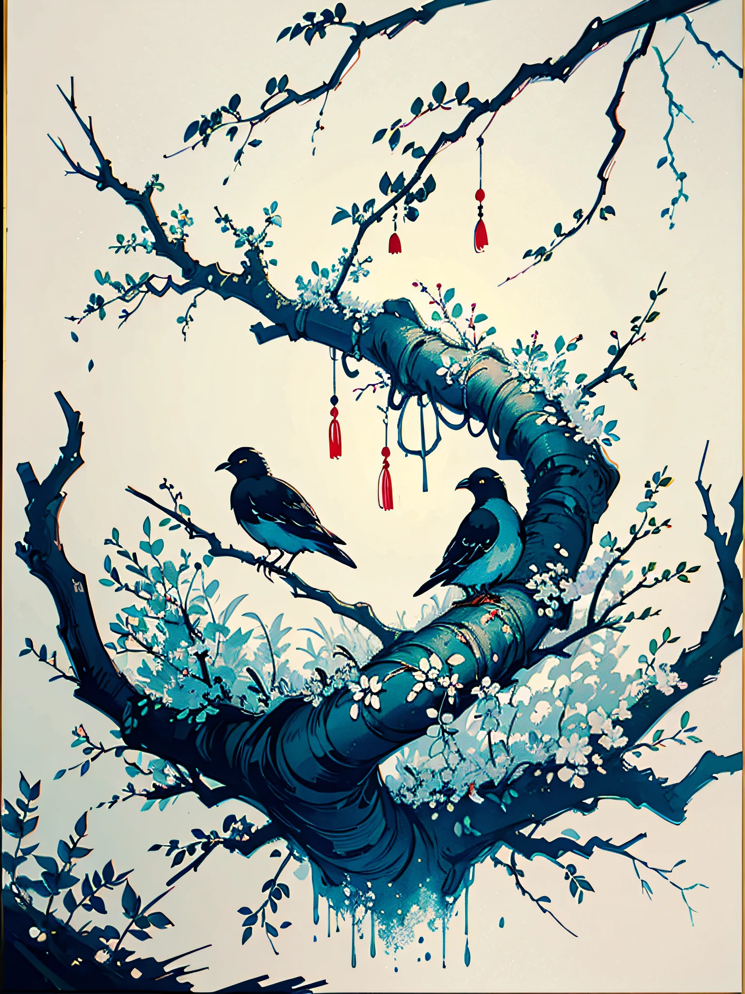 A black and white ink and light color painting, depicting a quiet orchard with Chinese characters written on it, with a pair of nesting birds and a branch full of fruit in the foreground, An Zhengwen, organic painting, Minimalism painting, Art&Language, ink and wash,