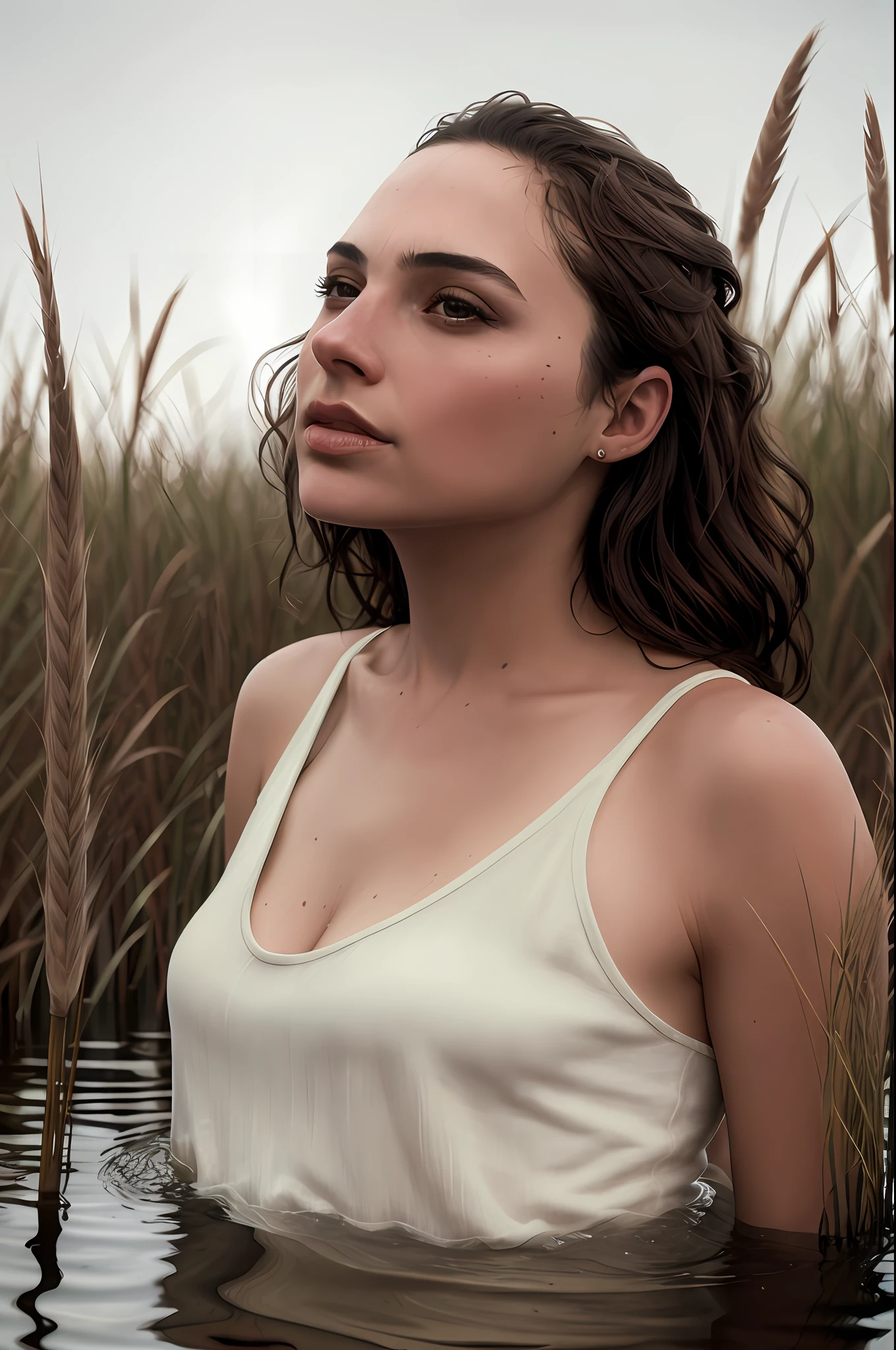 close up portrait of a cute woman (gldot) bathing in a river, reeds, (backlighting), realistic, masterpiece, highest quality, lens flare, shade, bloom, [[chromatic aberration]], by Jeremy Lipking, by Antonio J. Manzanedo, digital painting,
