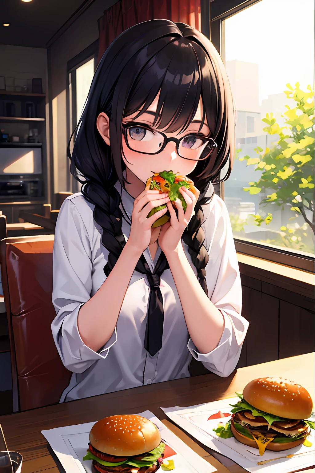 masterpiece, best quality, 1 girl, long hair, glasses, eat burgers, shyness, braids,