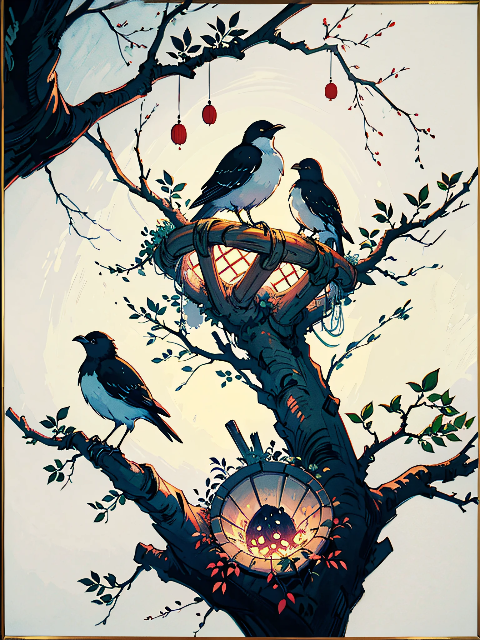 A black and white ink and light color painting, depicting a quiet orchard with Chinese characters written on it, with a pair of nesting birds and a branch full of fruit in the foreground, An Zhengwen, organic painting, Minimalism painting, Art&Language, ink and wash,