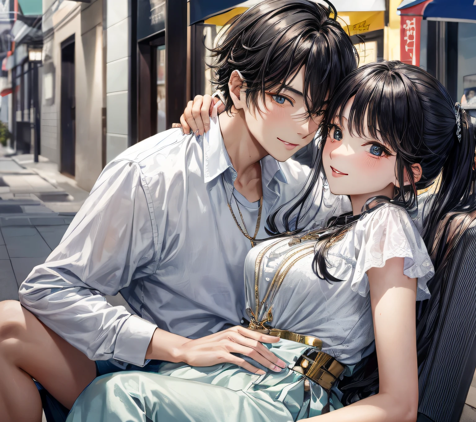 They take a photo together, couple pose, cute couple, shooting, money, golden splendor, luxury, goddess, male god, urban couple, spend days drinking, wealthy family background, rich