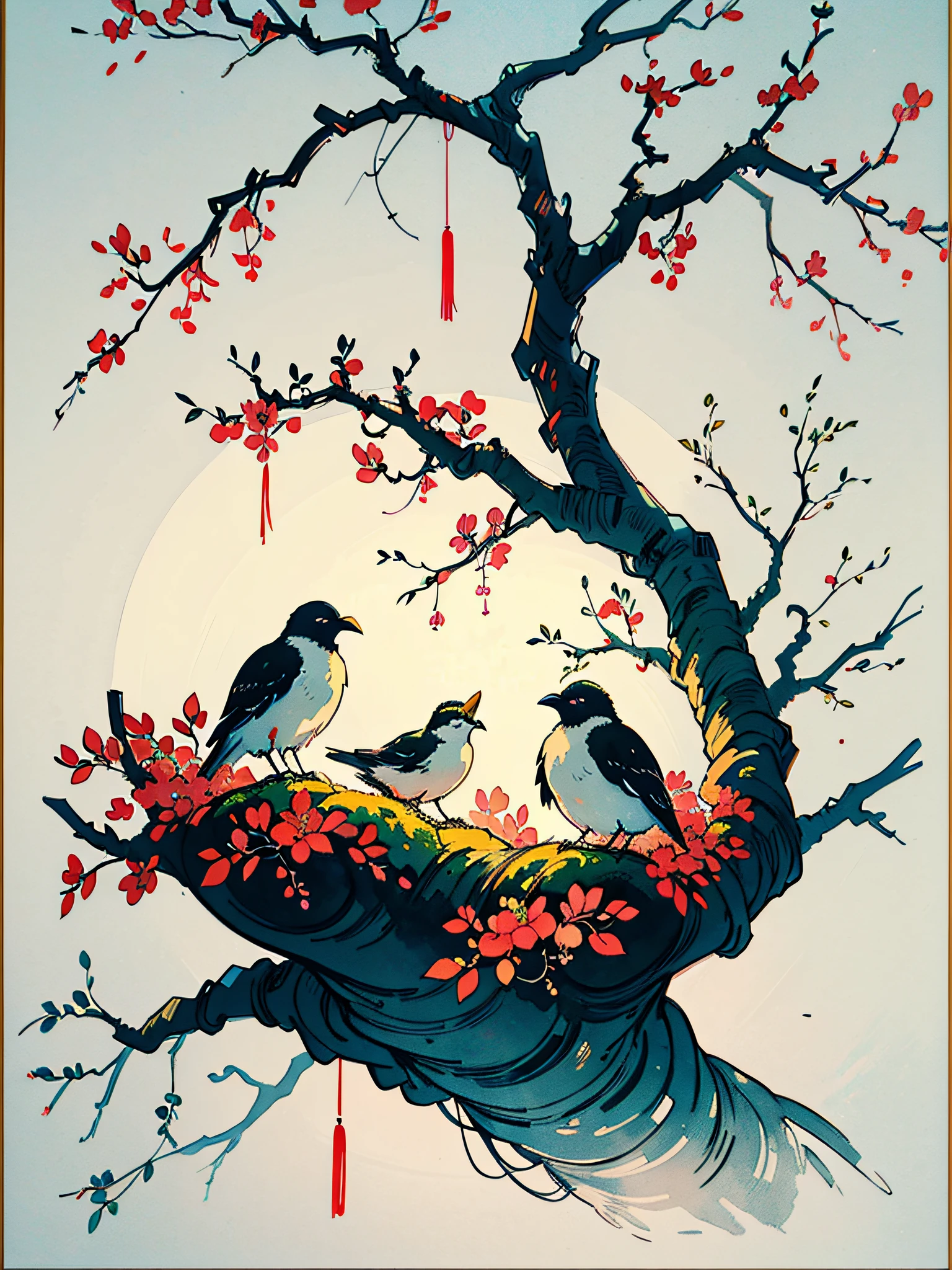 A black and white ink and light color painting, depicting a quiet orchard with Chinese characters written on it, with a pair of nesting birds and a branch full of fruit in the foreground, An Zhengwen, organic painting, Minimalism painting, Art&Language, ink and wash,