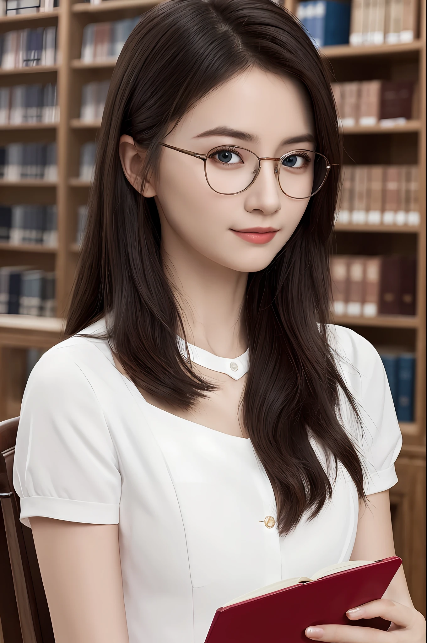 Masterpiece, best quality, extremely detailed CG Unity 8k wallpaper,
A beautiful girl, reading,
College student, narrow-rim glasses,
Library, detailed background, solid color dress