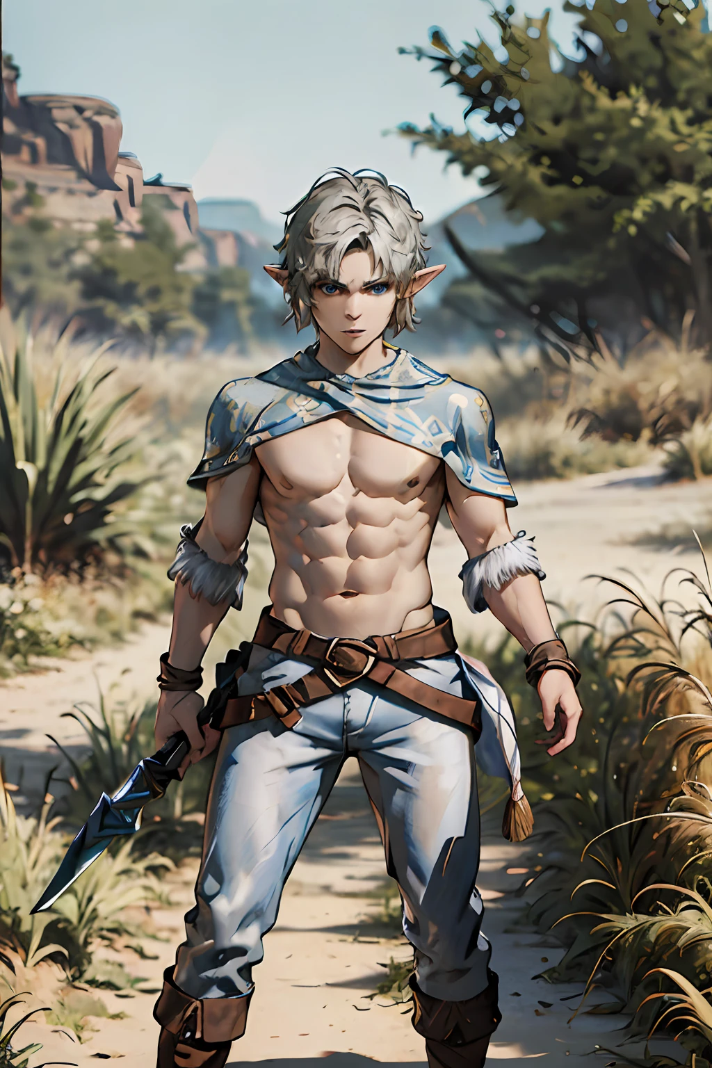 (absurdres, highres, ultra detailed), 1 male, (23 years old male) (short pointed ears) (elf) adult, cute boyish,, slender guy, fierce eyes, narrow shoulders, finely detailed eyes and detailed face, shaggy silver hair, shaggy hair, side bangs, bangs, blue eyes, sexy twink, shirtless, bare chest, final fantasy , full body shot, stoic pose expression, cinematic, desert bokeh, dappled light, background, ((zelda style))