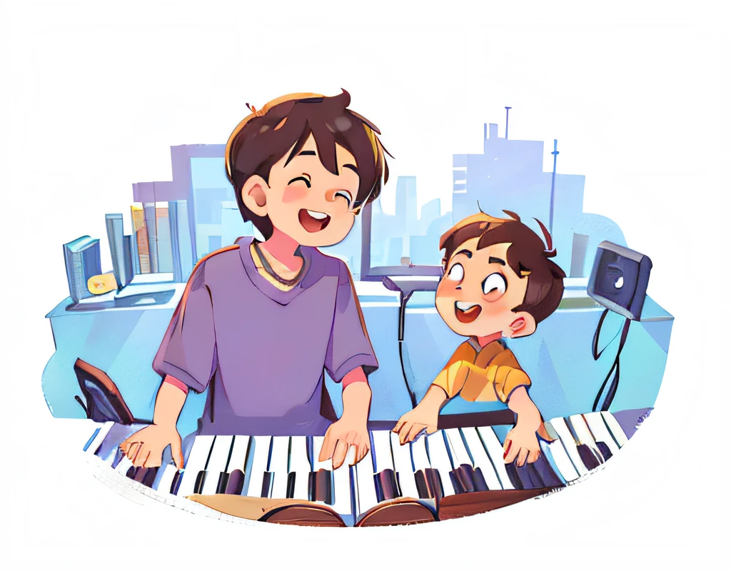 Brunette man playing piano with boy, high quality illustration, hand details, face details, happy atmosphere