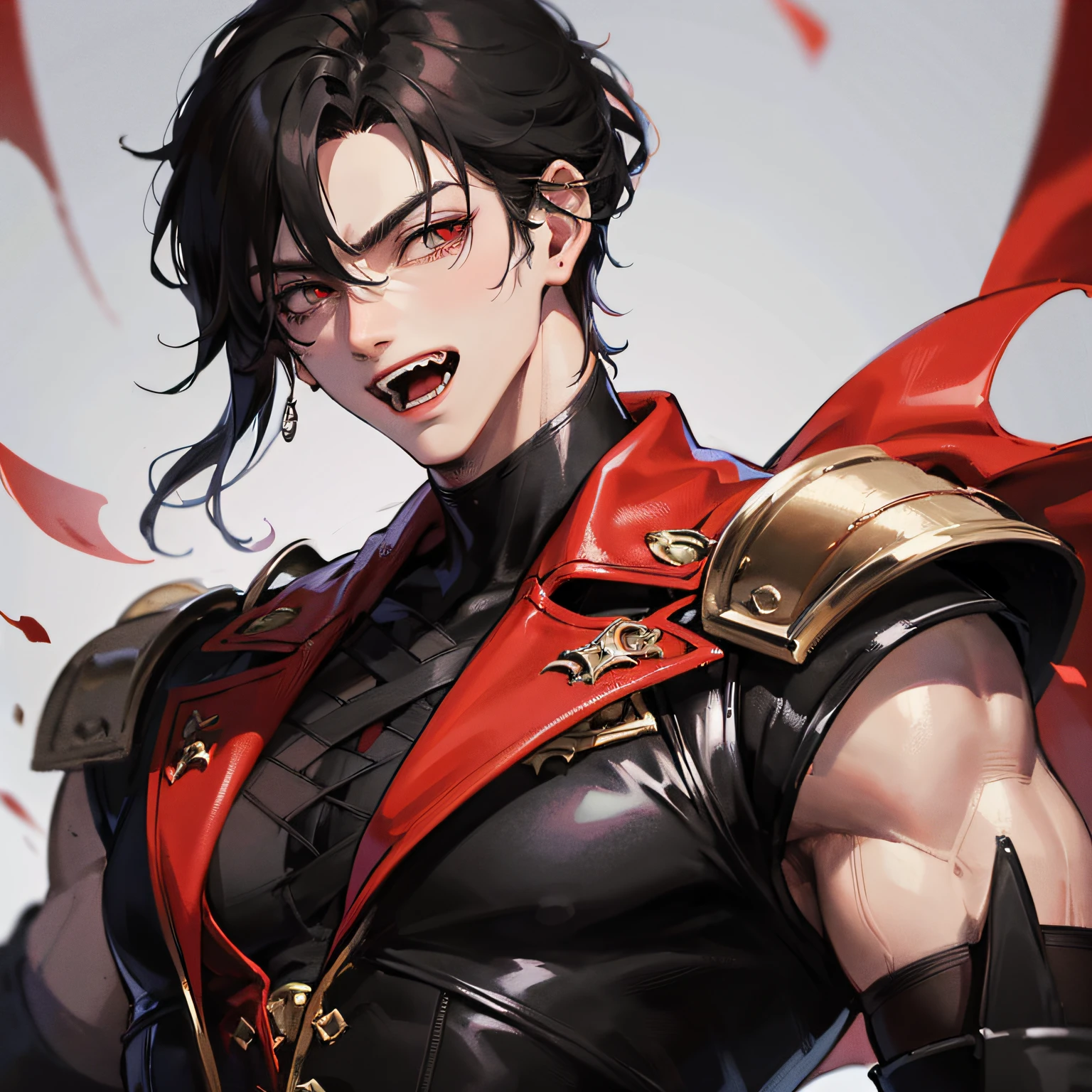 Absurd, high resolution, super detailed), 1 male, adult, handsome, tall muscular man, broad shoulders, black suit, scarlet eyes and delicate face, black hair, fantasy, vampire, fangs, fangs