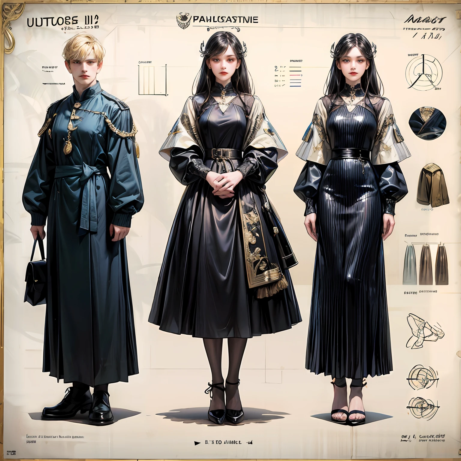 masterpiece, best quality, 1girl,highres, absurdres, full body,(ultra-detailed:1.1025), (illustration:1.1025), (infographic:1.1025), patent drawings, physical measurement, (all clothes configuration:1.1025), stationery, (solo:1.1025),standing, cohesive background, 5 fingers in hands, character sheet, --auto
