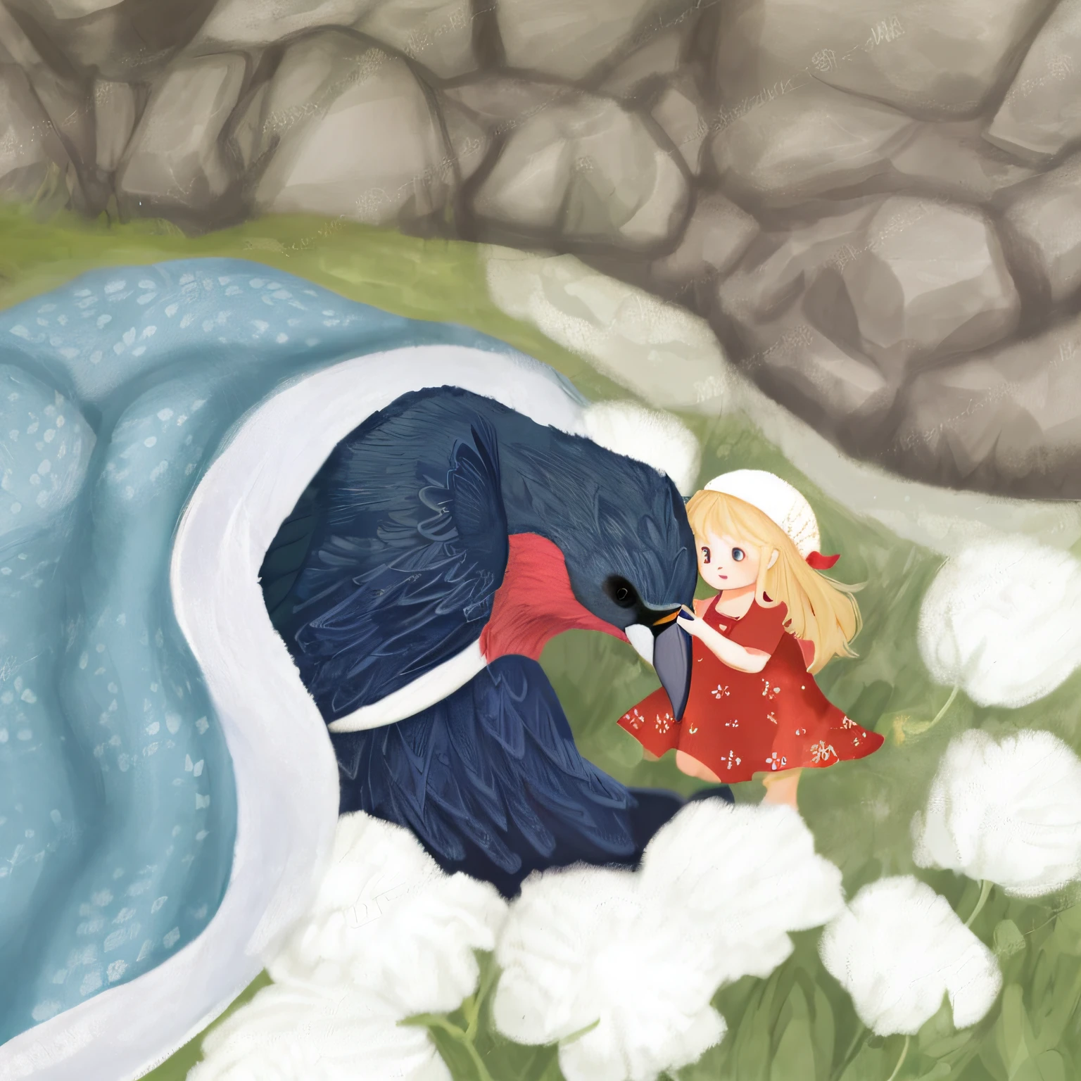 Drawing of a swallow and a child in a red dress, storybook illustration, storybook illustration, storybook illustration, cute storybook illustration, fairy tale painting, by Nína Tryggvadóttir, storybook illustration, children's book illustration, children's book illustration, fairy tale illustration
