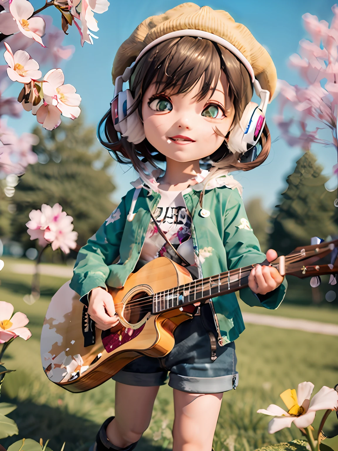 anime girl with headphones and guitar in a field of flowers, anime styled 3d, kawaii realistic portrait, realistic anime 3 d style, cute detailed digital art, render of a cute 3d anime girl, stylized anime, anime style. 8k, 3d anime girl, cute digital art, anime style 4 k, artwork in the style of guweiz