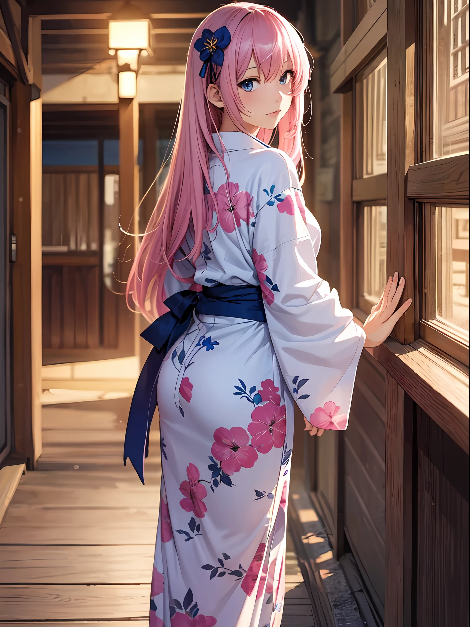 Top quality, photorealistic, ultra-fine illustration, beautiful charming anime girl, Megurine luka, pink hair, tied hair, one girl, photo of girl in yukata, full body, beautiful blue eyes, looking back, milky way, summer night, yukata, zori,