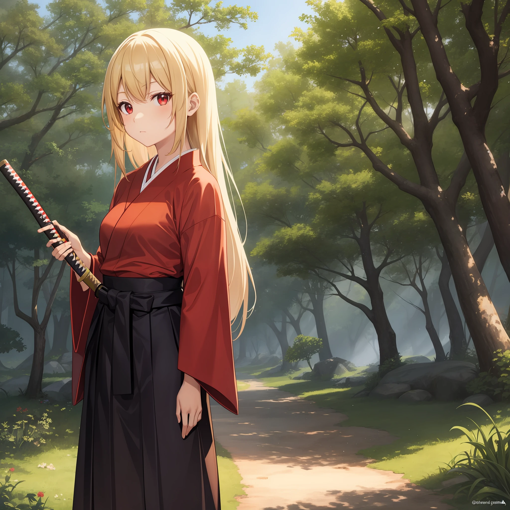 anime, girl alone, blonde, red eyes, solo, hakama, katana, in the forest