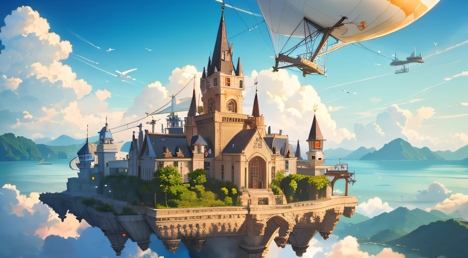 Many islands are floating in the air and many small airships are flying around, cities, fantasy, magic plants are growing, extreme details, realistic light, magnificent composition, (complex details), (intricate design, ultra detail:1.2), art station, (masterpiece, best quality), ultra HD,blue sky